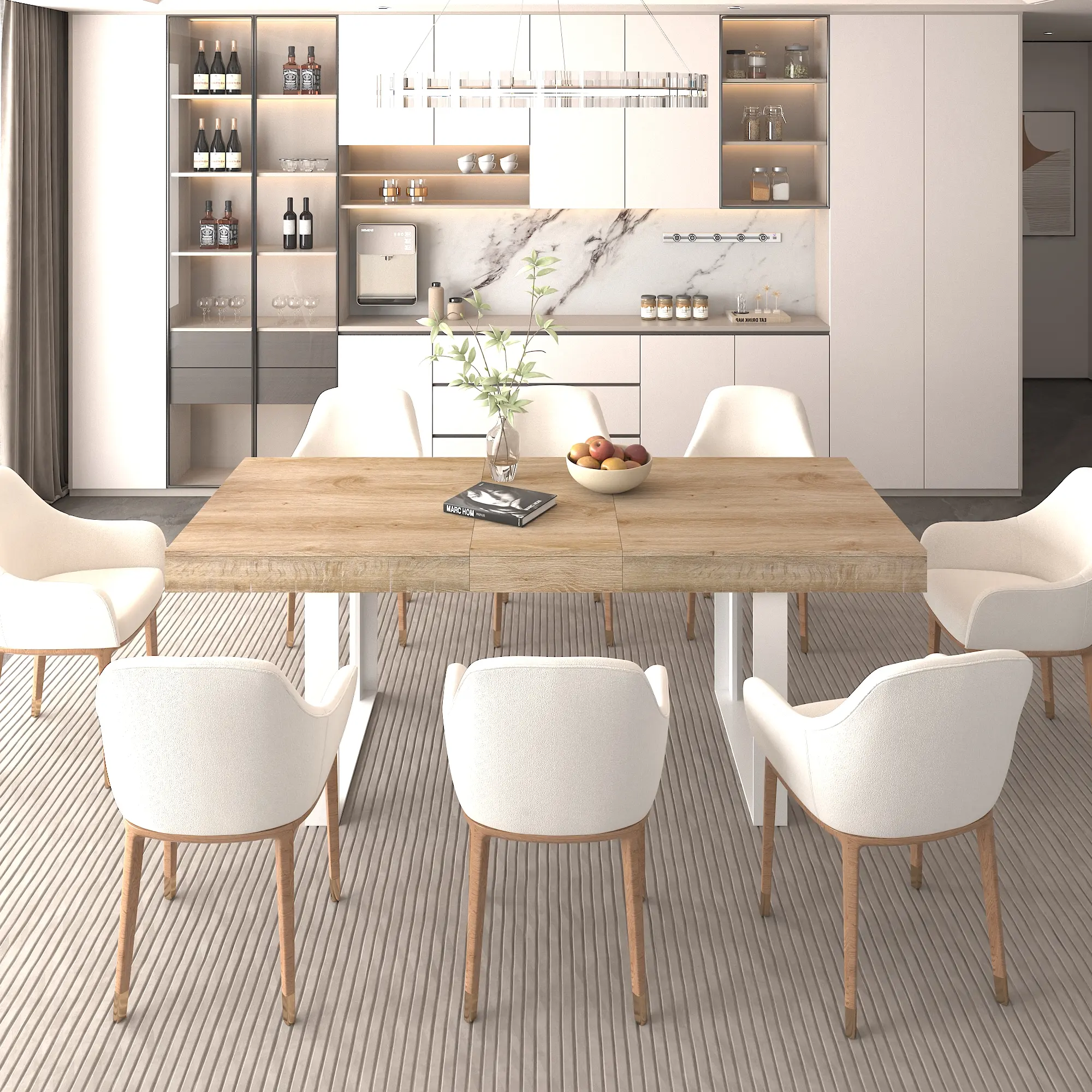 ARCH Extendable Dining Room Table for 6-10 People, Modern Farmhouse Wooden Kitchen Expanding Table, 63-78.7 Inch Long Large Expandable Dining Table, White+Oak Particle Board, Waterproof Scratch Resistant, Easy Clean, for Dining Room Conference Office