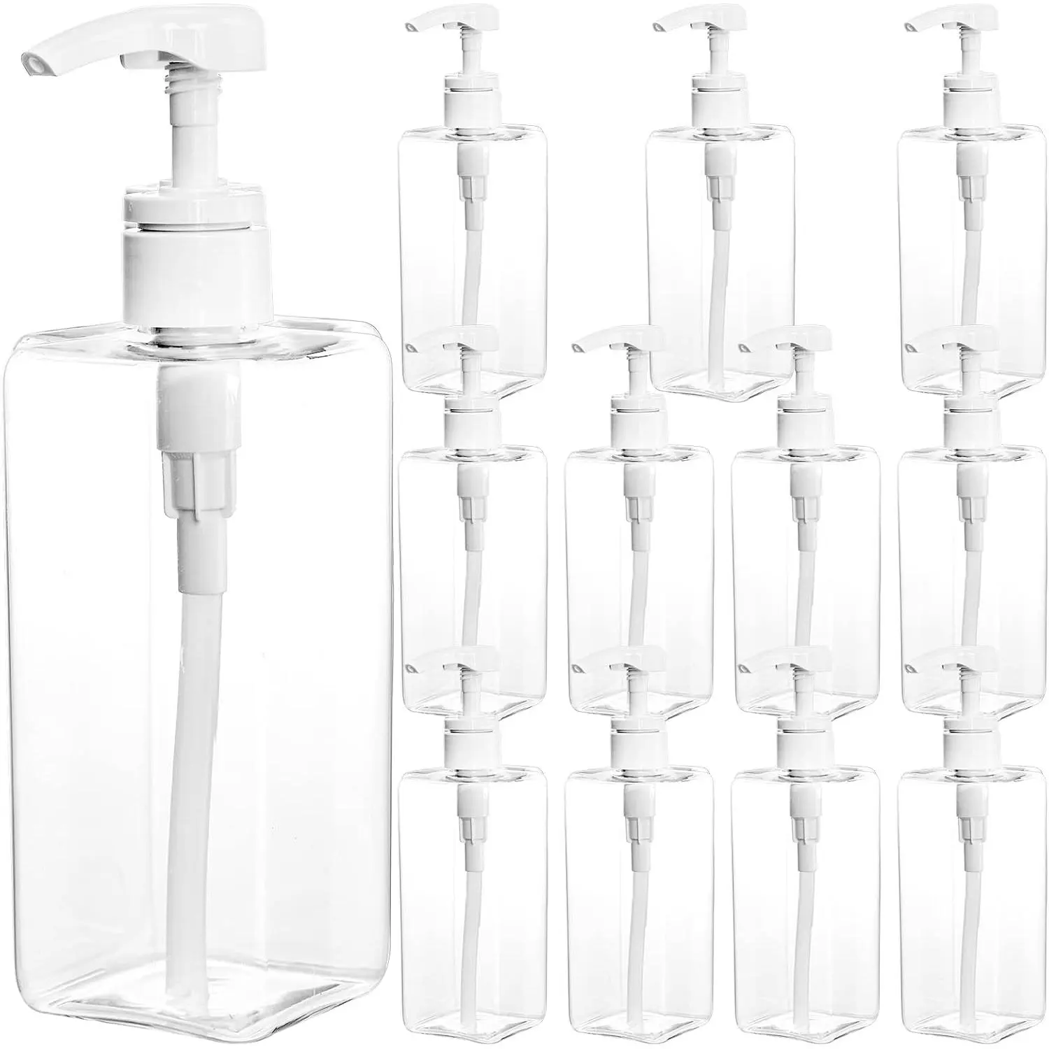12 Pack 16 Oz Plastic Pump Bottles, Empty Refillable Container Liquid Soap Dispenser for Shampoo, Lotion, Cleaning Products, Kitchen, Bathroom, Clear Square