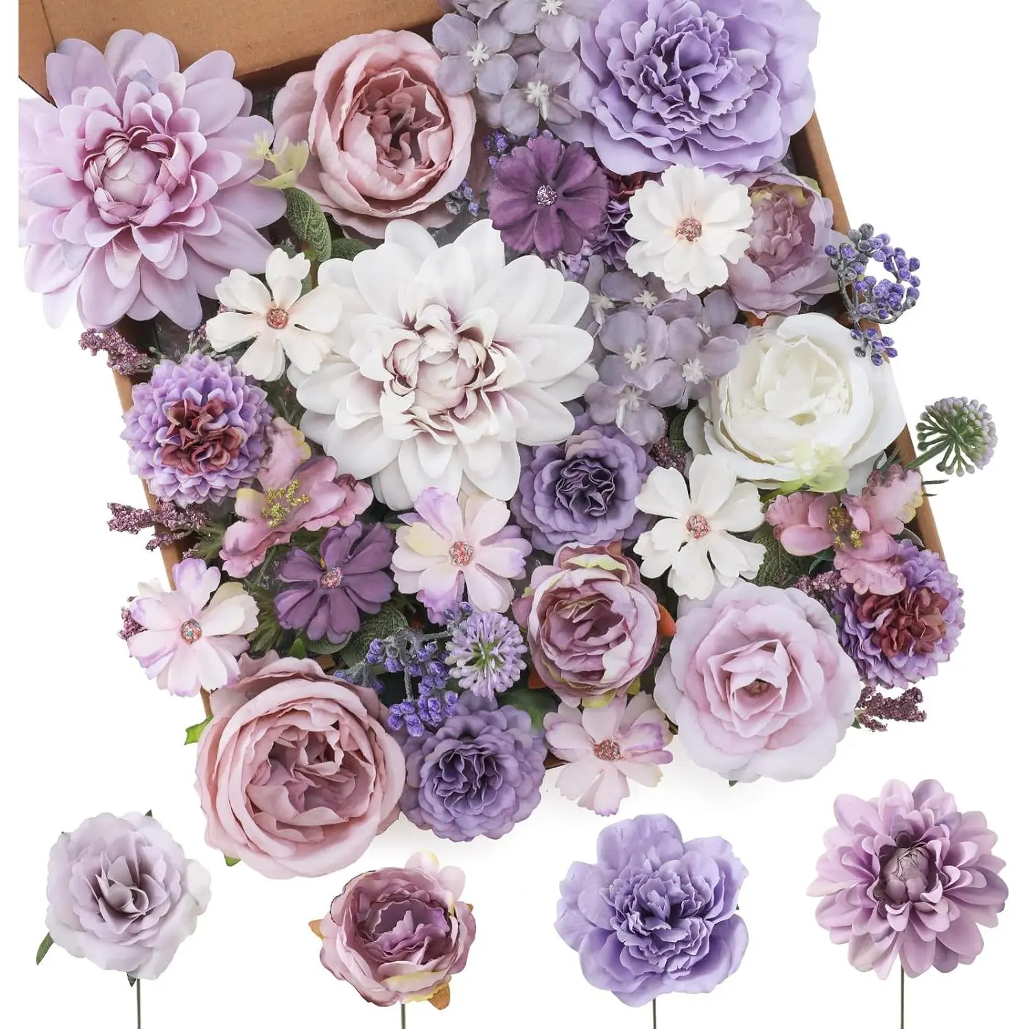 Artificial Flowers Combo Purple Flowers Mix Silk Flowers Dahlia Roses with Stems for DIY Wedding Bridal Bouquets, Baby Shower, Floral Arrangement, Table Centerpieces, Home Decorations.