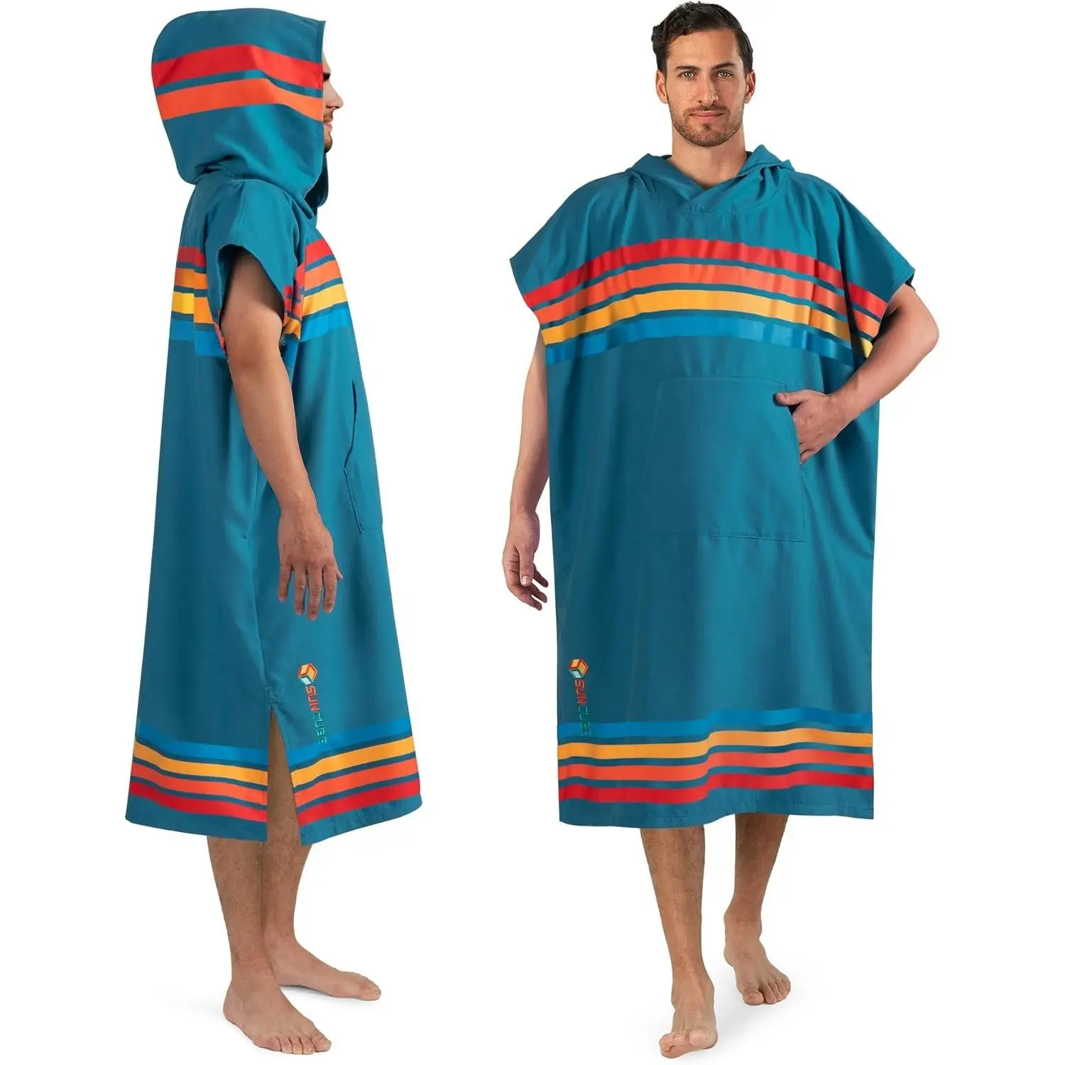 Men's Hooded Quick-Dry Polyester Surf Poncho Pullover - Kangaroo Pocket Absorbent Wearable Swim Wear Changing Towel for Surfing, Beach Activities - Sunset Blue Gift, Dress, Hoodie