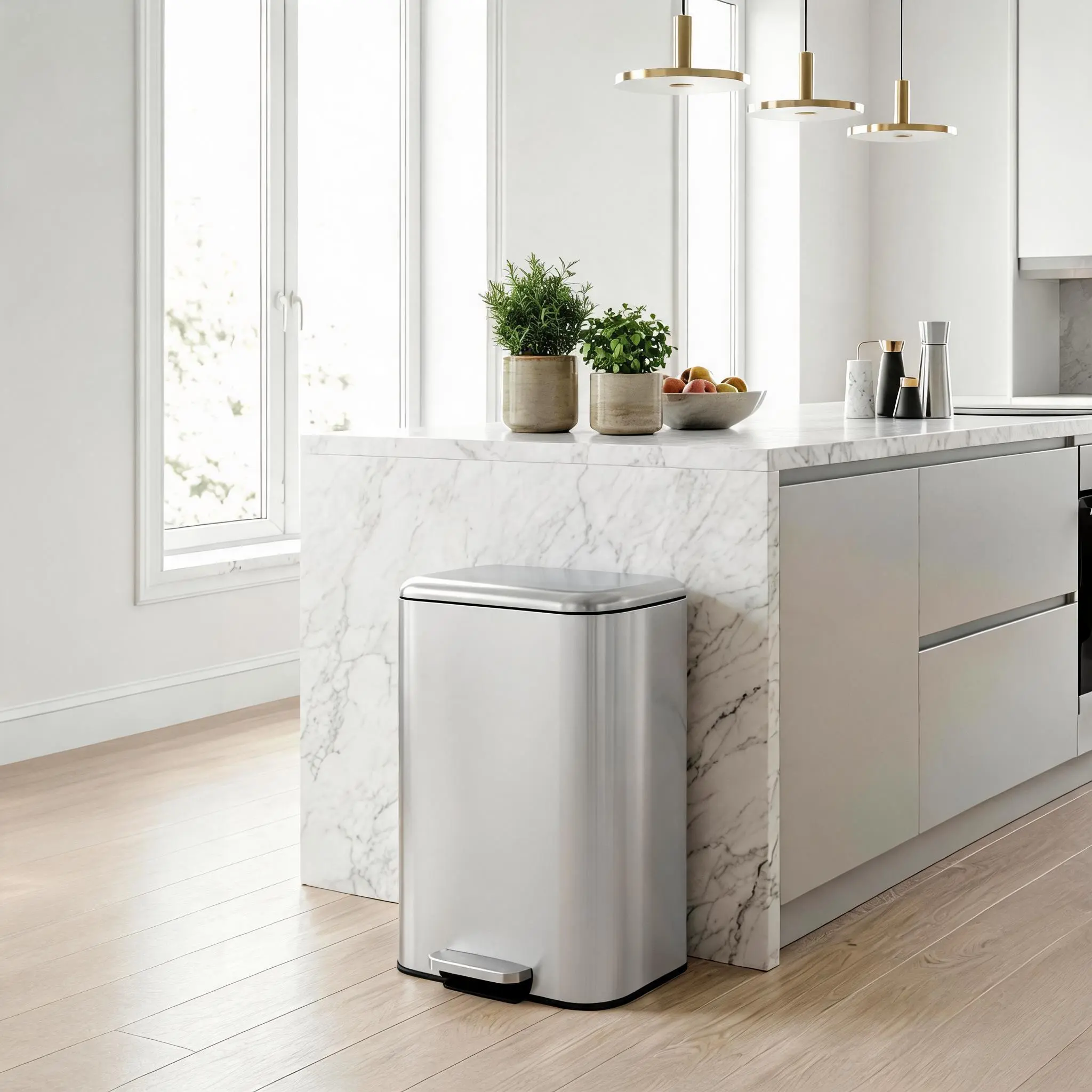 Stainless Steel Step Trash Can - Multi-Size Rectangular Hands-Free Bin (50L/13Gal, 30L/8Gal) with Soft-Close Lid, Removable Inner Bucket, Fingerprint-Resistant Surface, Non-Slip Base for Kitchen/Bath/Office, Trash Cans for Kitchen