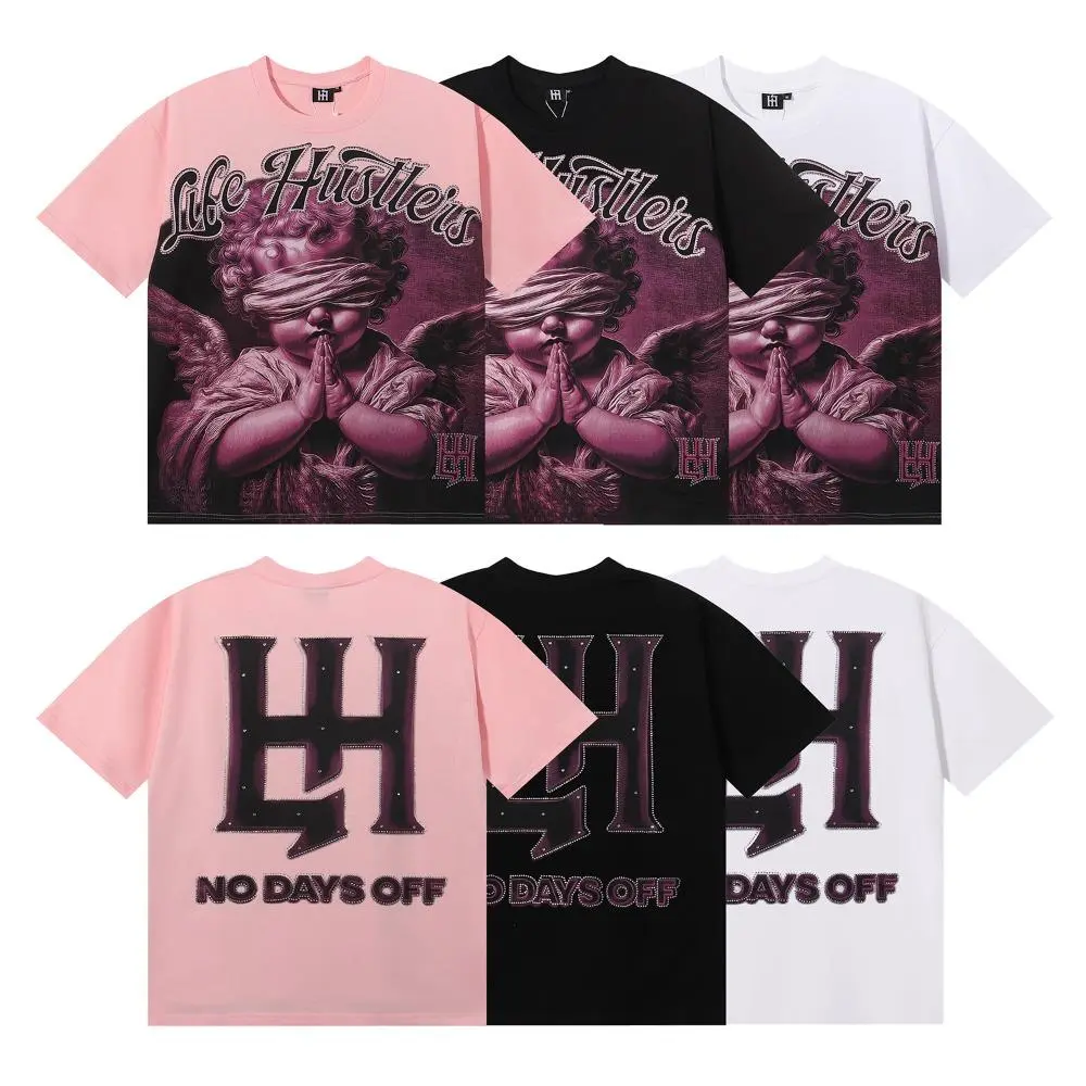 Unisex High-Quality Double Cotton Loose Round Neck T-Shirt - g 01, Aesthetic Short-Sleeve Casual Fabric, Life Hustlers Masked Angel Archery Rhinestone Design, Menswear Streetwear for Summer Festival, Sports