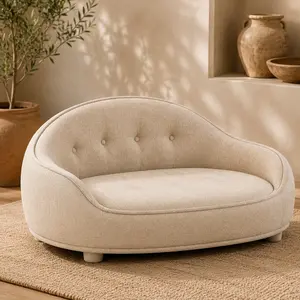 ARCH Oversized Oval Semi-Enclosed Dog Sofa for Medium Large Dogs, Beige Linen-Like Fabric, Button-Tufted Backrest, High-Center Low-Sides Support, Anti-Slip Bottom, Easy Clean Foam Filled Furniture, 42.91 L X 28.9 W X 12.6 H In, Ergonomic Oval Design