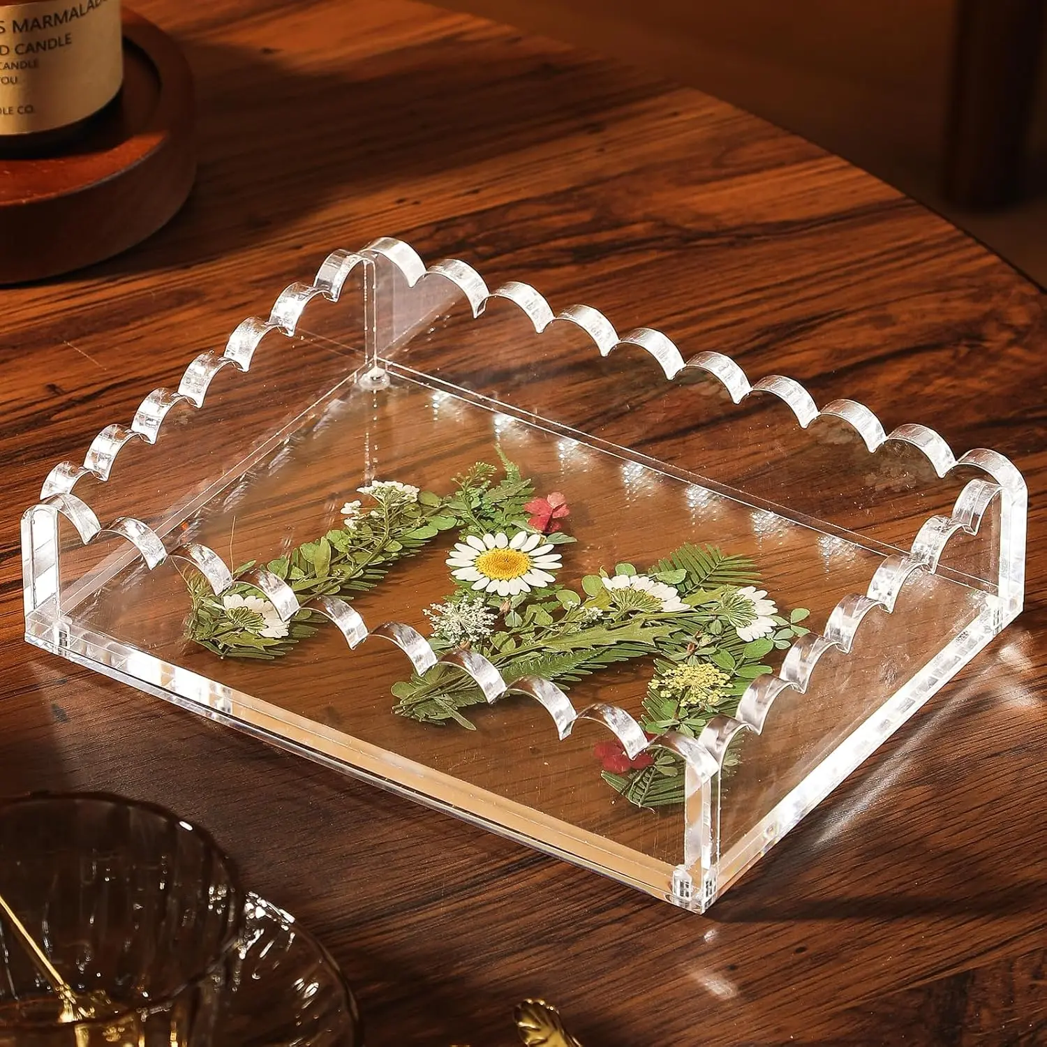 Scalloped  Tray with  Mat, Customizable Photo Display Tray for Pictures, Art, Clear Decorative  Tray for Perfume, , Dresser, Nightstand,  for Women