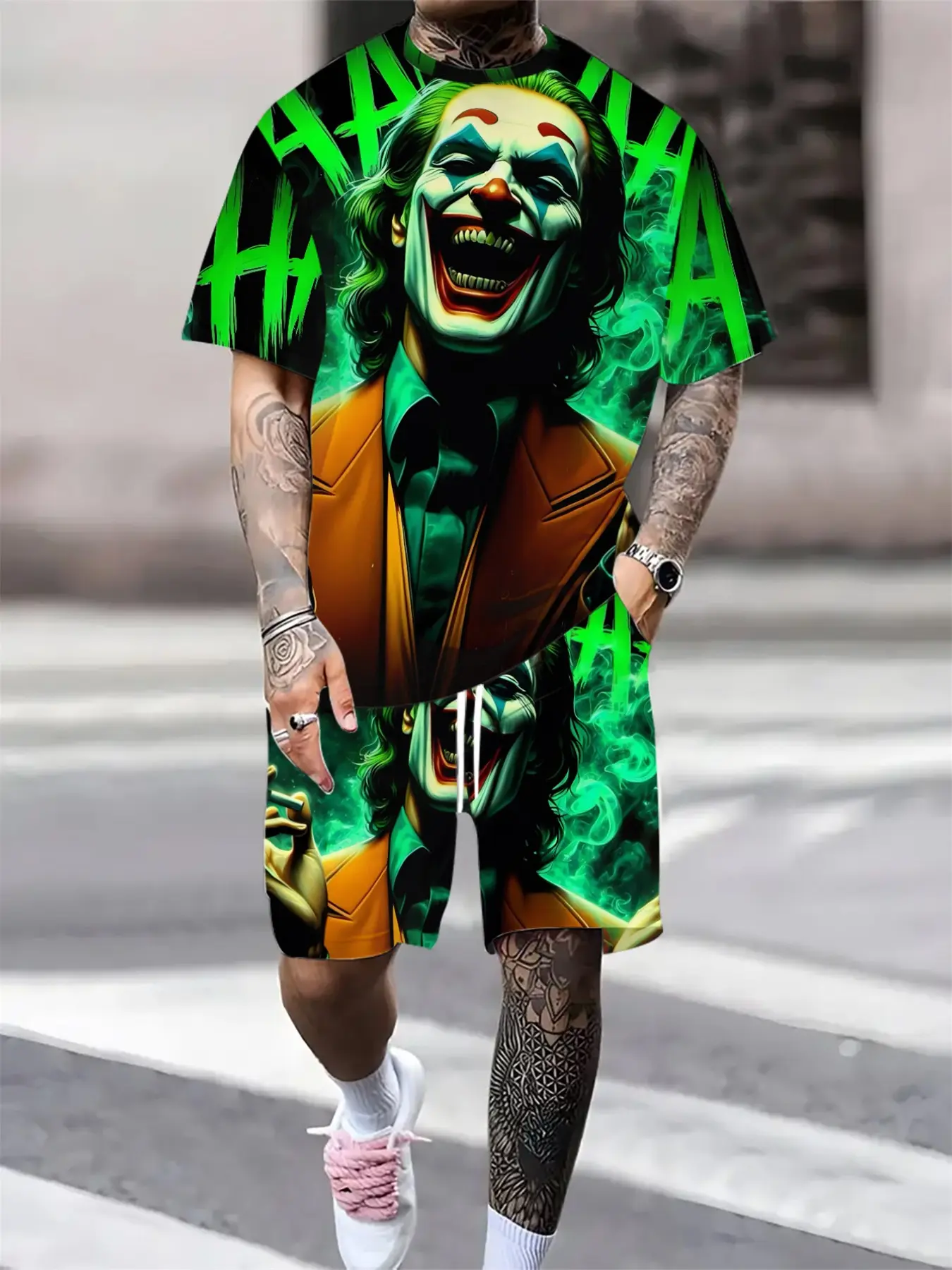 Men's Warner Collaboration Short Sleeved Set, Joker Trendy Print, Casual Comfortable 2pcs, Summer Christmas Fashion
