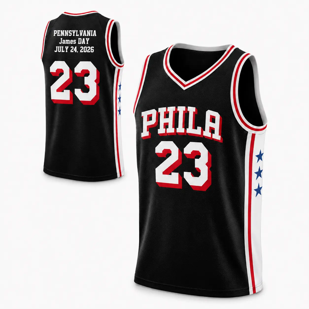 Unisex Black Basketball Jersey No. 23, Pennsylvania James Day July 24, 2026 Graphic Mesh Sleeveless V-Neck Sports Top, Philly-Inspired Game Day Streetwear for Men and Women