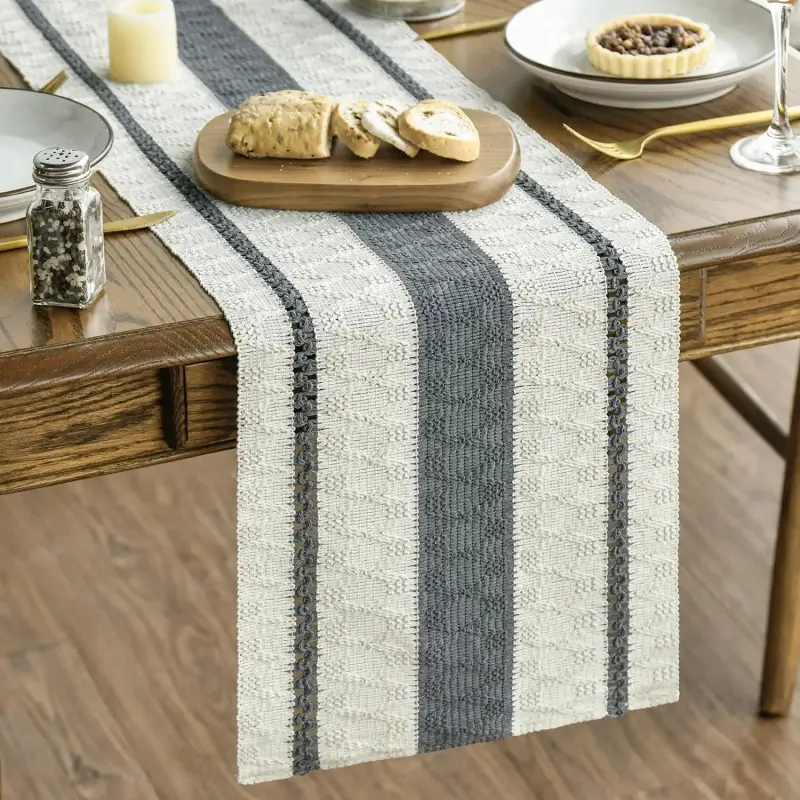 12x72 in Rectangular Poly-Cotton Woven Dark Grey Farmhouse Rustic Table Runner, 1-Piece Heat Resistant Durable All Seasons Home Decor for Easter Sunday Kitchen Dining Table, Party Decoration, One-Piece