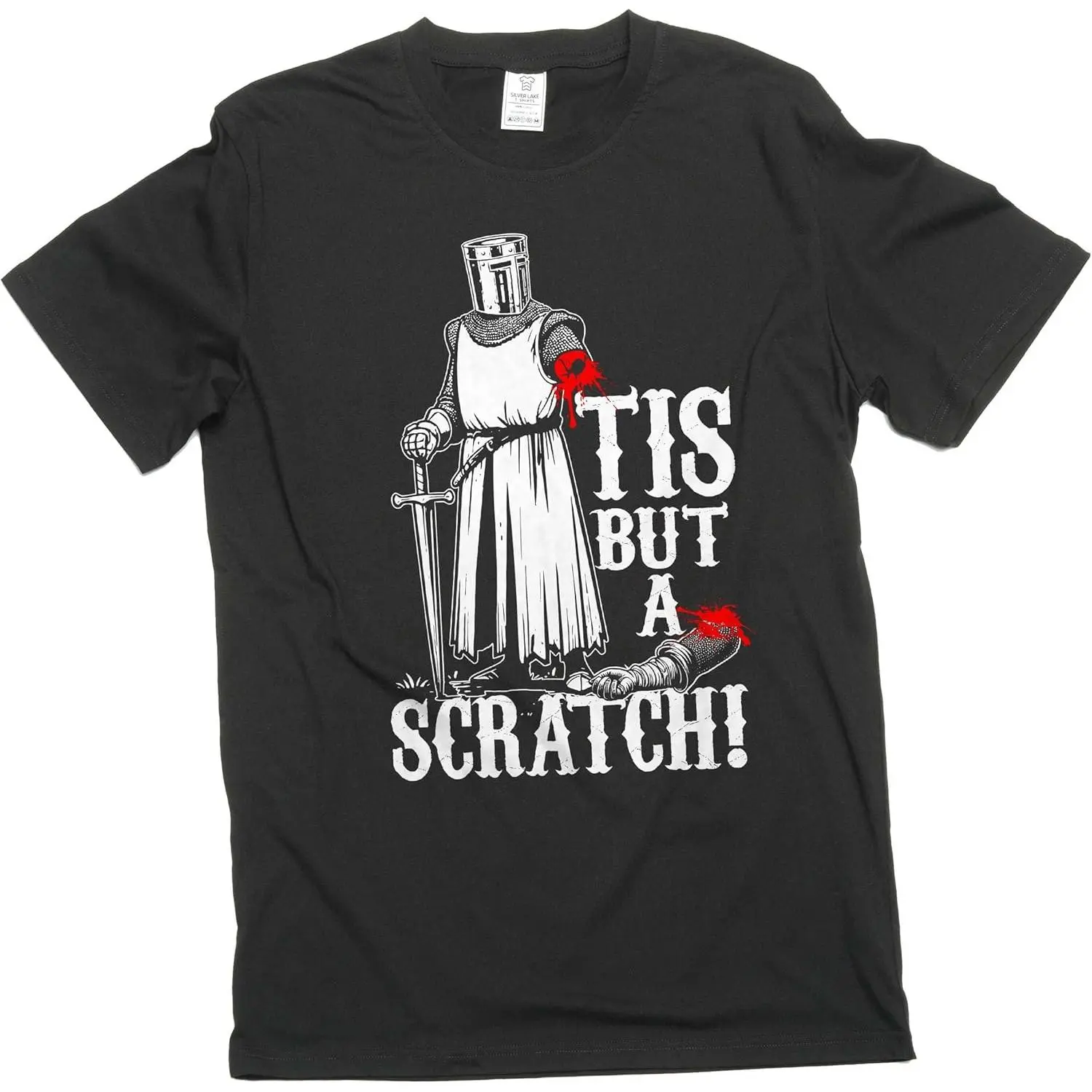 Men's Black Knight T-Shirt, Classic 'Tis But A Scratch' Monty Python Graphic, Shortsleeve Streetwear Knit Fabric Comedy Top, Menswear, Print, Pullover, Quote