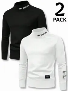 2pcs Boys' Cozy Print Long Sleeve Turtleneck Tees - Stretchy Polyester Blend, Machine Washable - Perfect for Fall/Winter