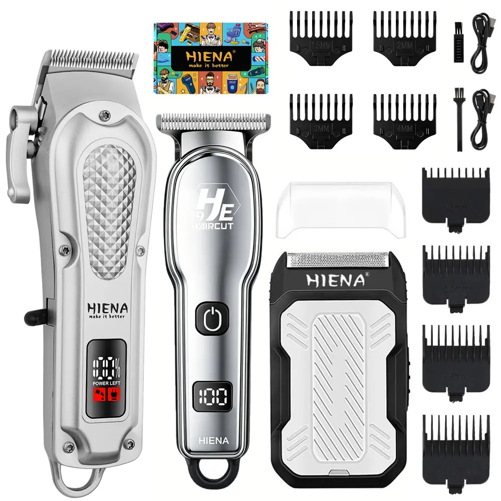 HIENA silver men's electric hair clipper, USB rechargeable, electric gradient electric hair clipper, zero gap T-shaped blade, detail trimmer, electric foil shaver, complete hair and beauty set, men's holiday gift