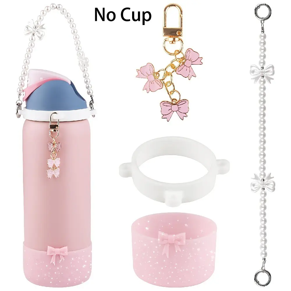 4pcs Water Bottle Drinkware Accessories Set Multiple Sizes for 16oz, 19oz, 30oz, 40oz Tumbler, Pearl Handle Strap, Bow Charms, Silicone Bling Bow Cup Boot for Women