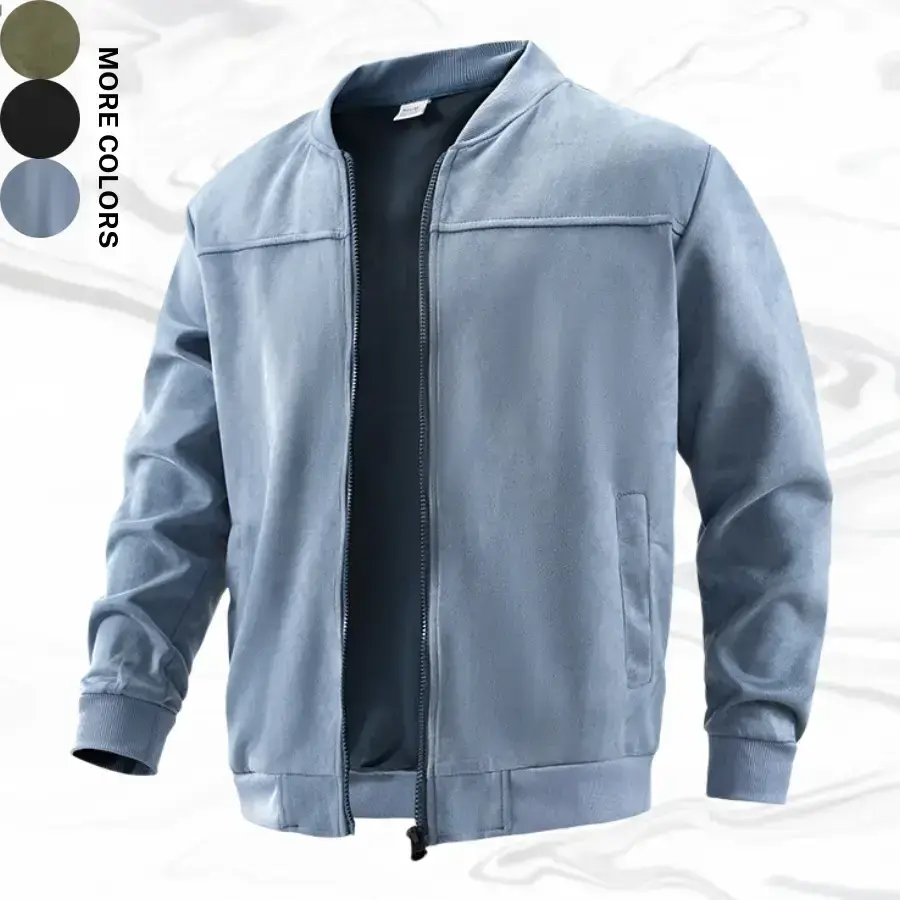 One solid color men’s baseball jacket with a stand collar and full zipper, minimalist urban style featuring a smooth metal main zipper; suitable for men when out shopping, exploring stores, and traveling; basic black that pairs well with various outfits.
