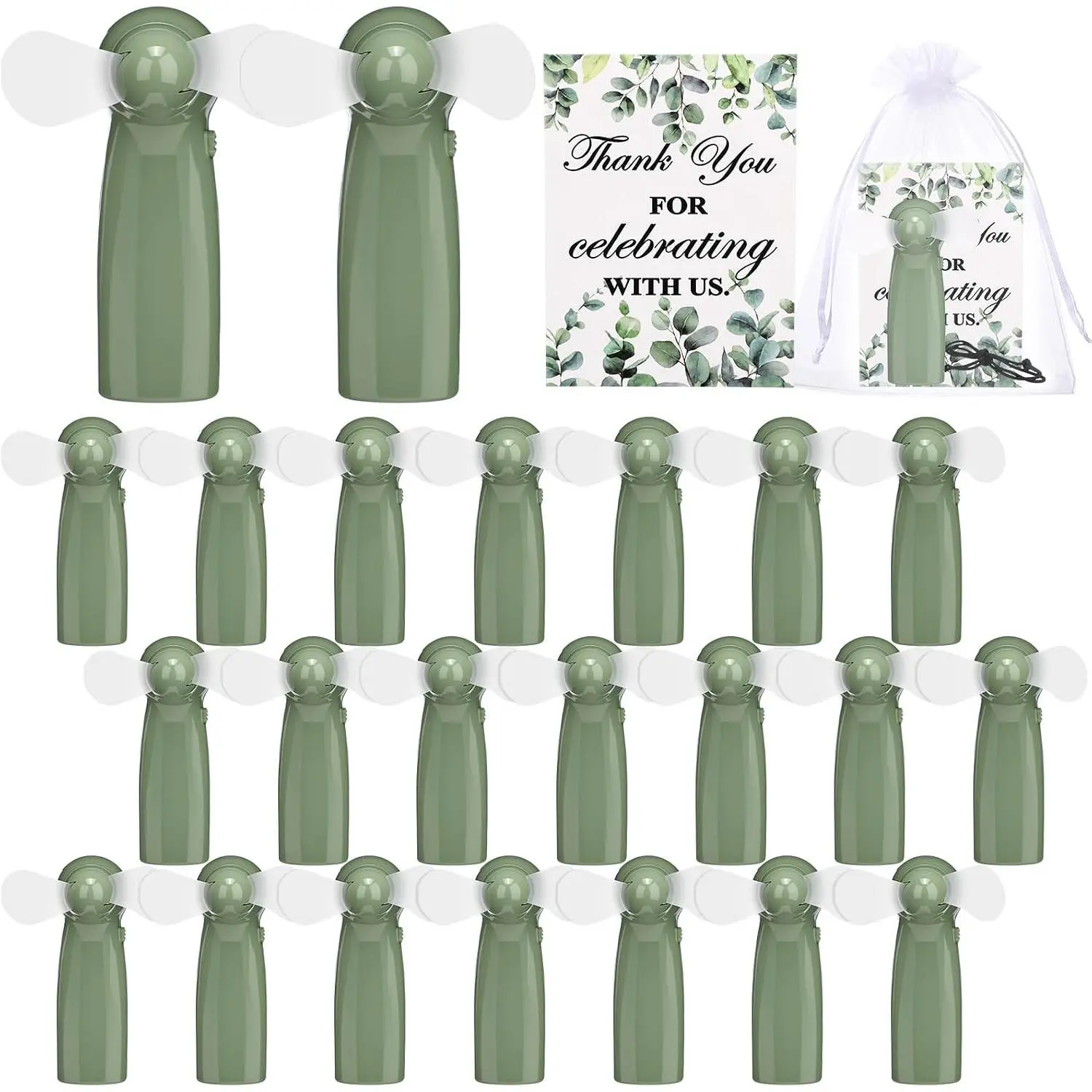 24 Sets Wedding Fans for Guests Bulk Mini Fan Handheld Wedding Portable Fan with Thank You Card  Bags  Operated Small Personal Fans for Bridal Shower Summer Party Favor, Sage Green