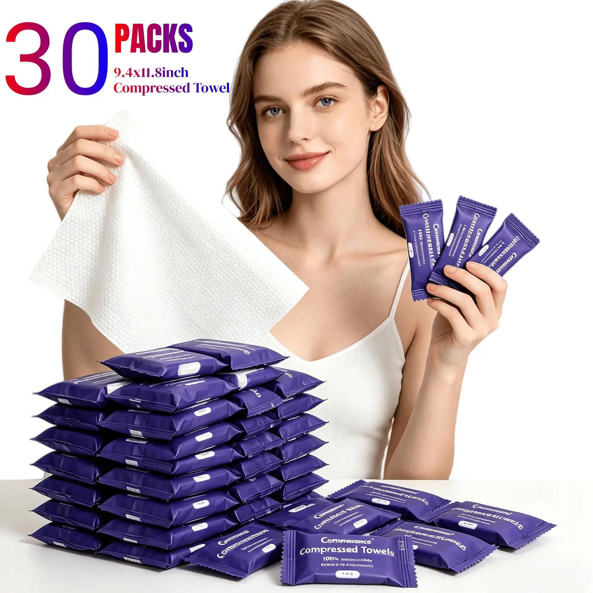 Compressed Towel Tablets, Disposable Coin Tissue for Travel, Portable Face Towels 9.4x11.8 Inch, Soft Durable Compressed Towels for Camping Outdoor On The Go (30/60/90/120 Cts)