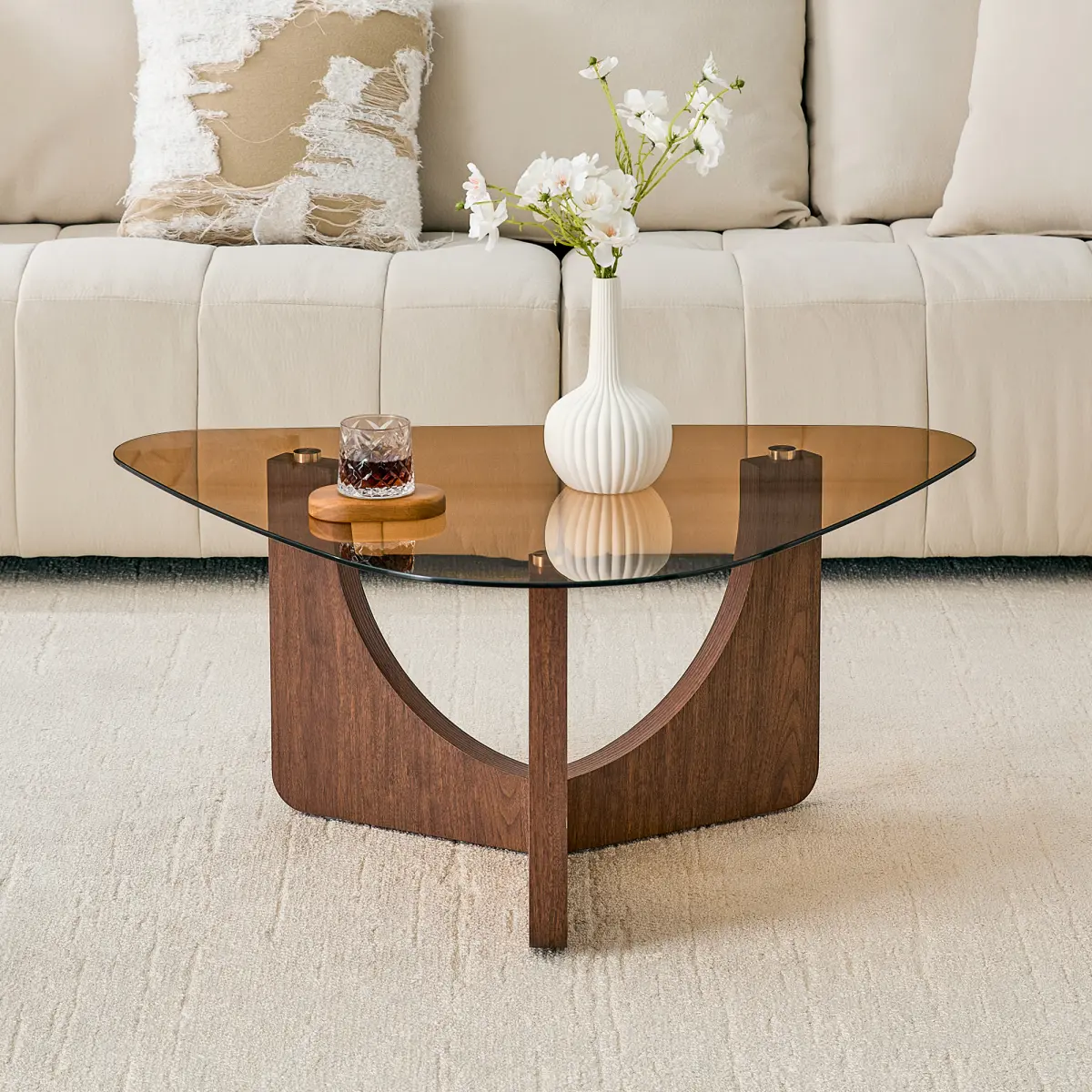  [Bellemave] 35.4 Inch Vintage-Style Triangular Coffee Table, Tempered Glass Top and Wood Base, Ideal as a Sofa Side Table,Corner Table for the Living Room