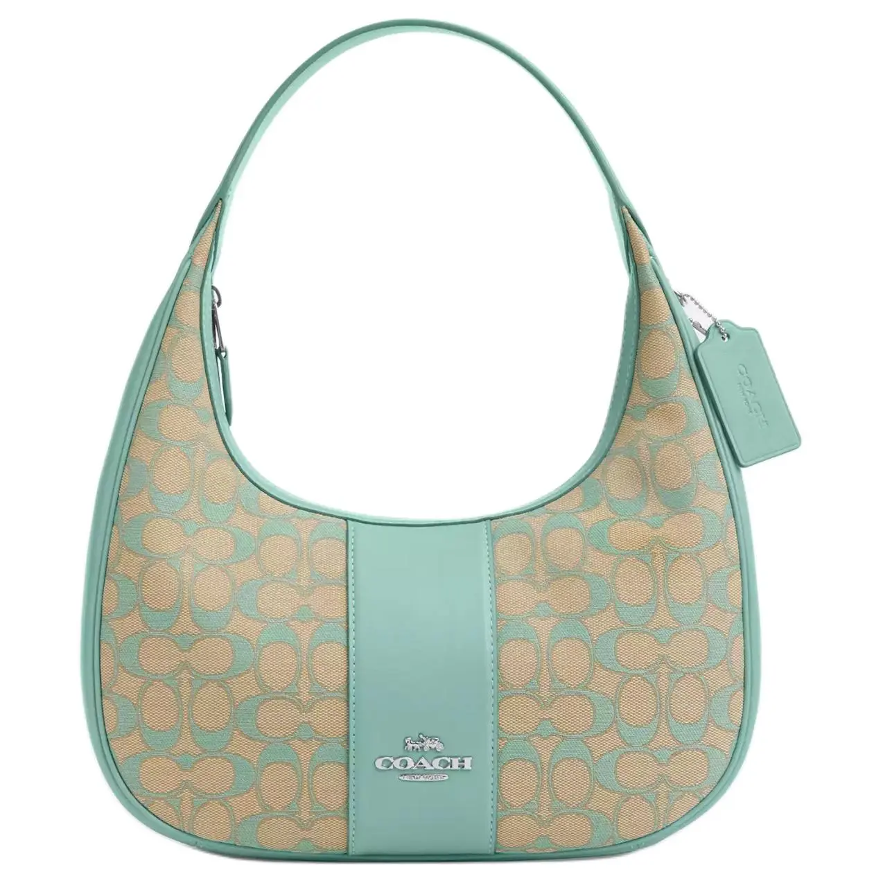COACH Carmen 29 Signature Jacquard Zip Top Handle and Crossbody Bag for Women, Smooth Leather, Large Size, Silver and Faded Blue