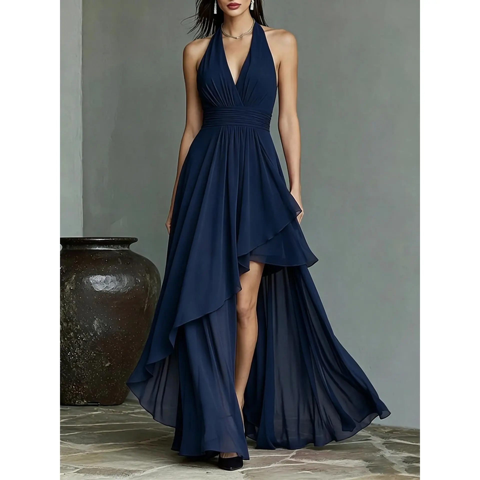 Women's Halter Neck Formal Gown, Pullover Chiffon A-Line Maxi Dress with High-Low Tiered Skirt and Ruched Waist, Fits S-XXL, Formal Dresses For Women, Deep V, Chiffon Evening Dresses