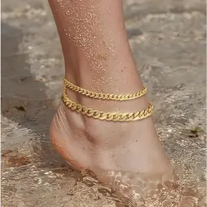 Golden Ankle Bracelets for Women Waterproof - Dainty Gold Anklets Trendy Layered Plated Stackable Chunky Cuban Link Chian Anklet Bracelet Set for Women Non Tarnish Jewelry Gift
