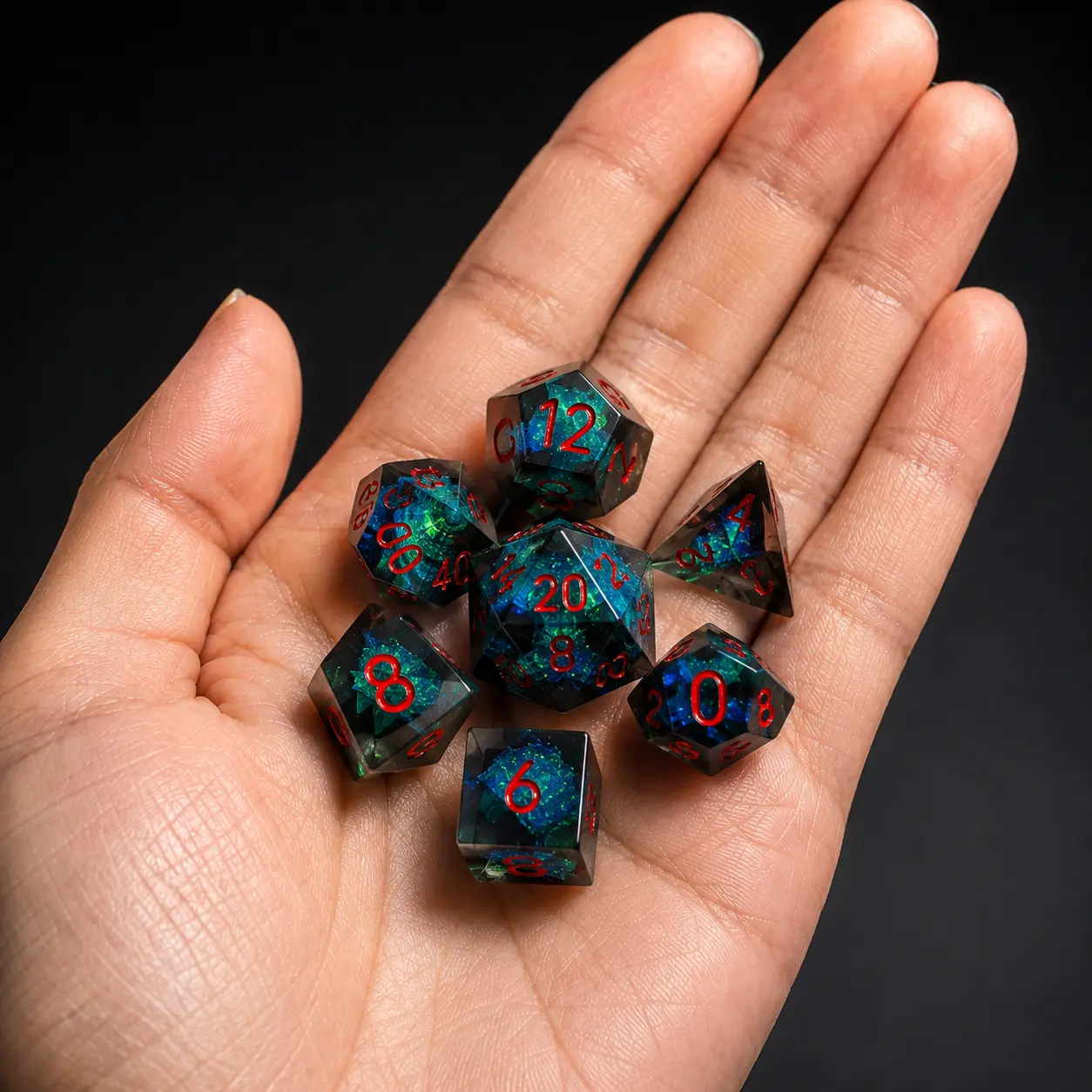 7PCS Compact Size Galaxy Resin Polyhedral Dice Set - Blue-Green Nebula Inclusions, for DND, Call of Cthulhu Tabletop Games, Suitable for 12 Years Above