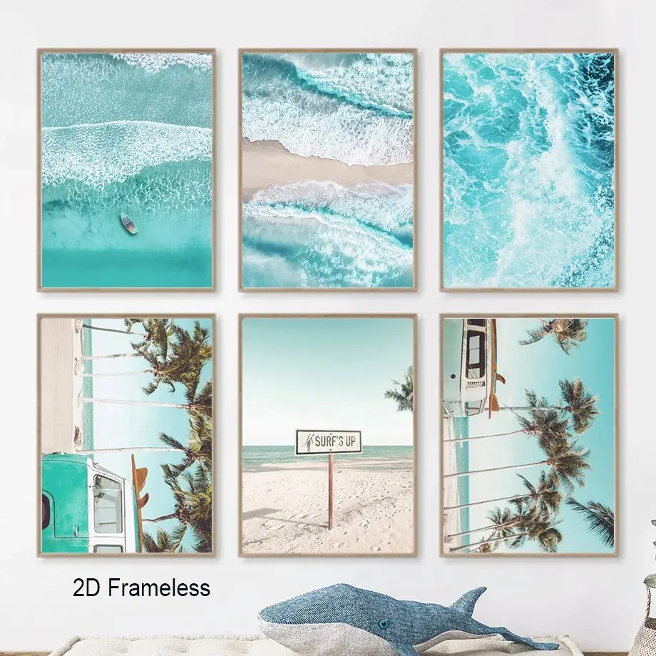 6-piece set, blue ocean waves and beach canvas print, Ocean Inspired Design; summer palm trees, surfing, and coastal tropical-style wall art posters, perfect for modern teen home decor; frameless design