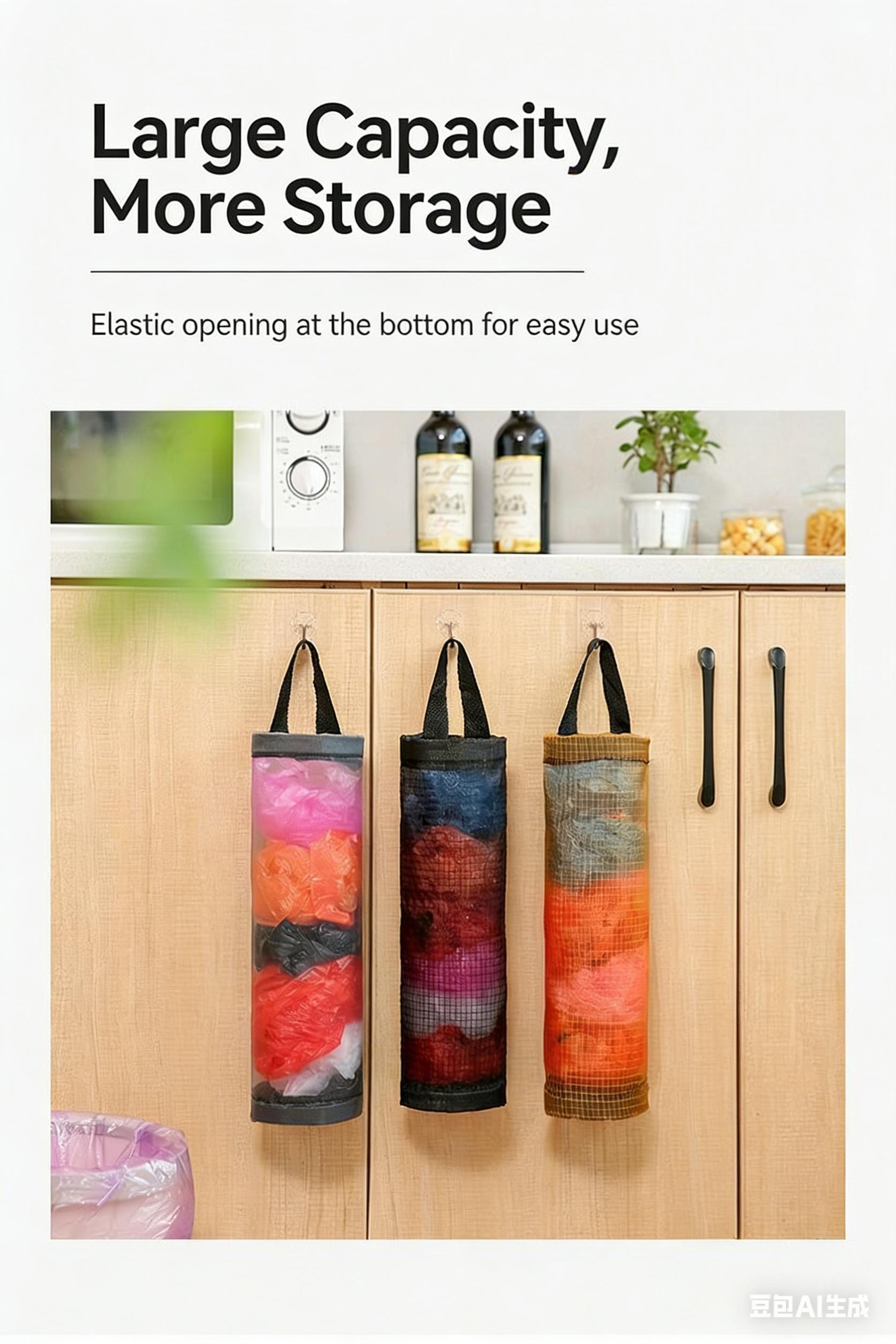 Free 2 Self-Adhesive Hooks,2 Counts Plastic Bag Storage Bag,Hanging Foldable Mesh Bag,Garbage Bag Organizer,Kitchen Storage Bag,Kitchen Organizer,Household Items. reusable plastic pouch case w vegetable fruit meat self-adhesive hook