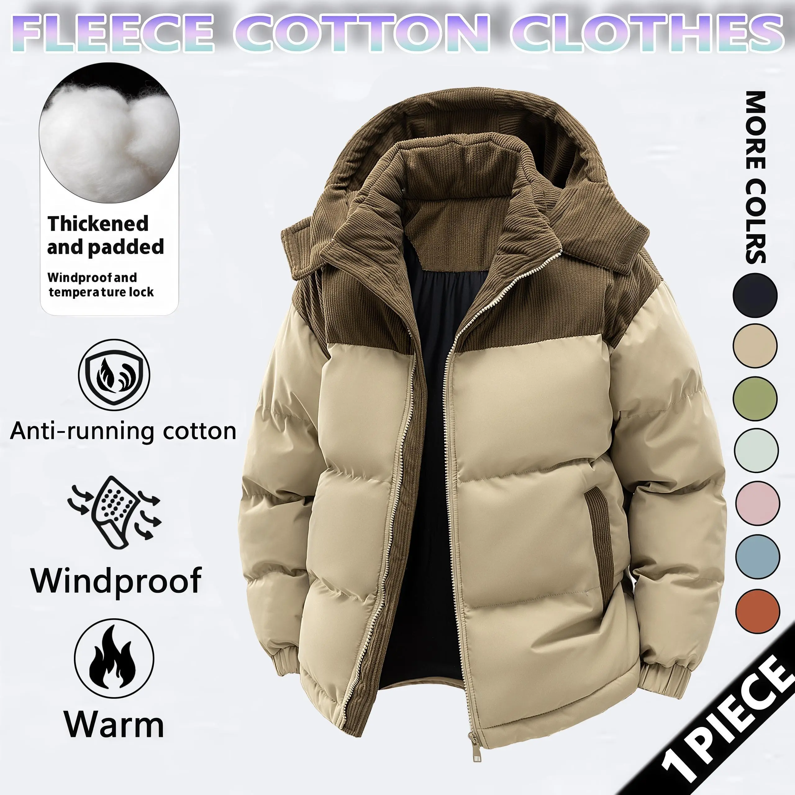 Winter hooded casual fleece-lined men's coat,removable hood,warm color-blocked cotton jacketcouples' style winter cotton coat, outerwear top. SpringStatements