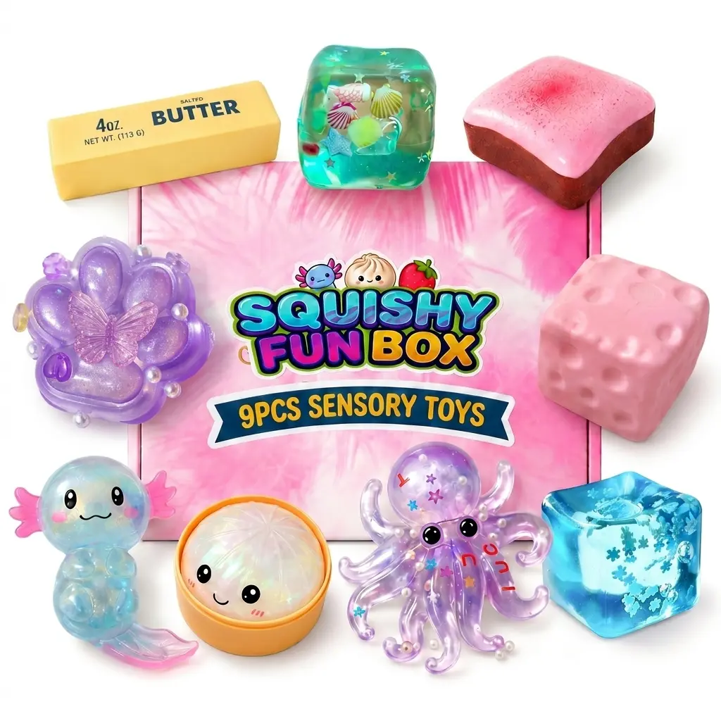 STS01 Unisex 9-Piece Nitrosamine-Free Malt Sugar Squishy Fun Box, Stress Relief Fidget Toys with Axolotl Shape, Fast-Slow Bounce Options, Collectibles, Pink Cheese, Icy Snowflake, Sensory Bundle for Anxiety Relief, Party Gift