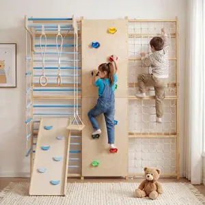 10-in-1 Swedish Wall Ladder for Kids & Adults, Indoor Jungle Gym with Slide, Swing, Climbing Wall, Gym Rings, Rope Ladder & Monkey Bars