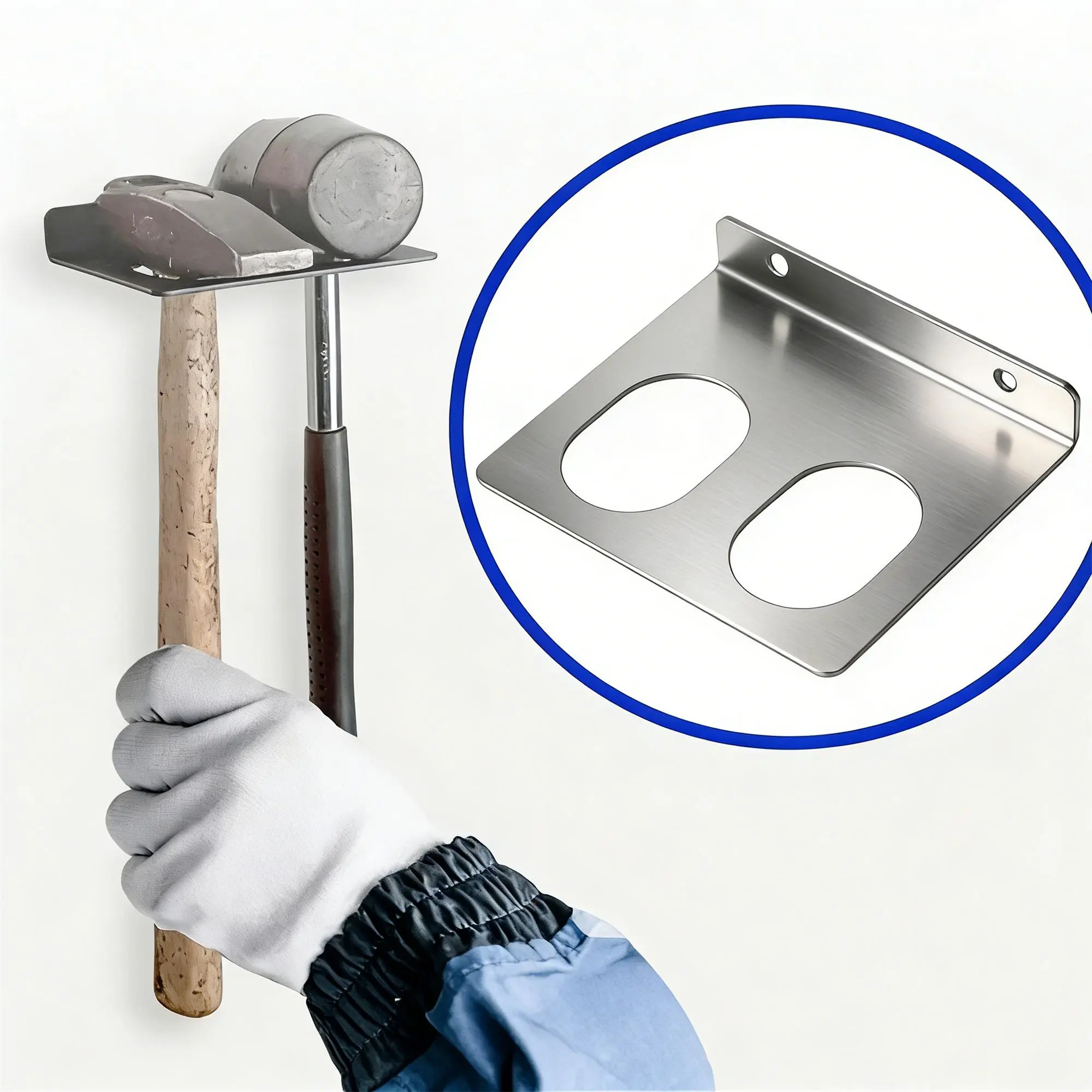 1/2-Inch Dual Hole Stainless Steel Hammer Storage Rack, No Assembly Required, Space-Saving Compact Organizer, Sturdy Durable Multifunctional Holder for Hammers, Wrenches, Screwdrivers, Workshop Use