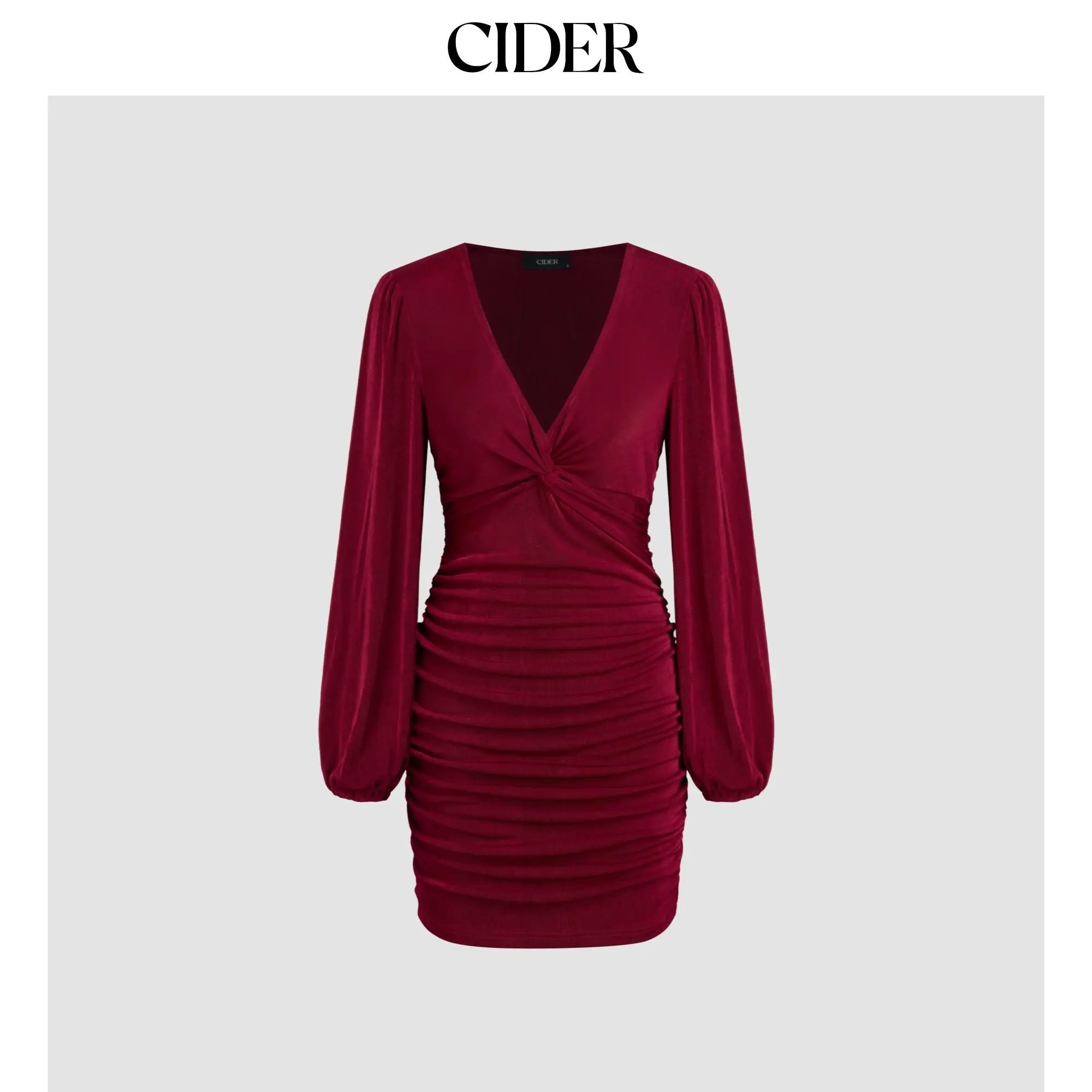Cider [size 0-10] V-neck Solid Twisted Ruched Long Sleeve Mini Dress SohoChic