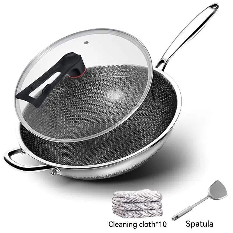 13.3-Inch Stainless Steel Wok with Lid And Spatula, Non-Stick Stir Fry Pan with Honeycomb Design, Induction & Electric Stove Compatible, Professional Kitchen Cookware