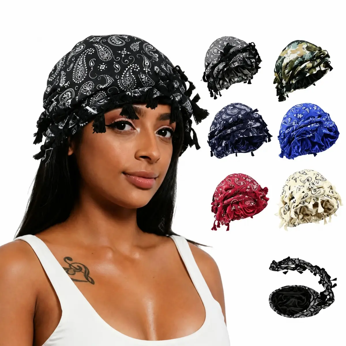 Unisex Paisley Bandana Print Hair Turban Hat - Vintage Boho Tassel Fringe Head Wrap, Adjustable Durag-Style Cap, Streetwear Hip Hop Accessory, Protective Daily Hair Cover (Sports & Outdoor Hat)
