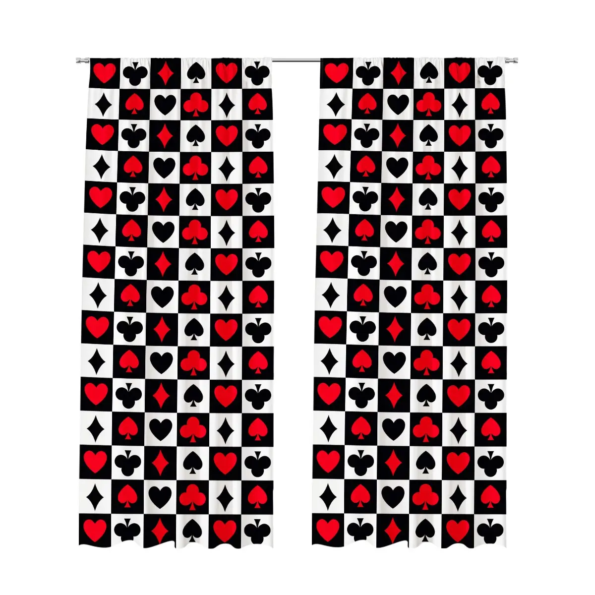 Poker Card Checkered 2pcs Rod Pocket Curtains, Wrinkle Fade Resistant Polyester Window Drapes for Personalized Bedroom Living Room Indoor Decor, Home Decoration Curtain, Art Style Curtains