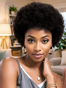 Afro Kinky Curly Puff Human Hair Wig, Fluffy Bouncy Machine Made Wigs for Women Daily Cosplay & Holiday Party