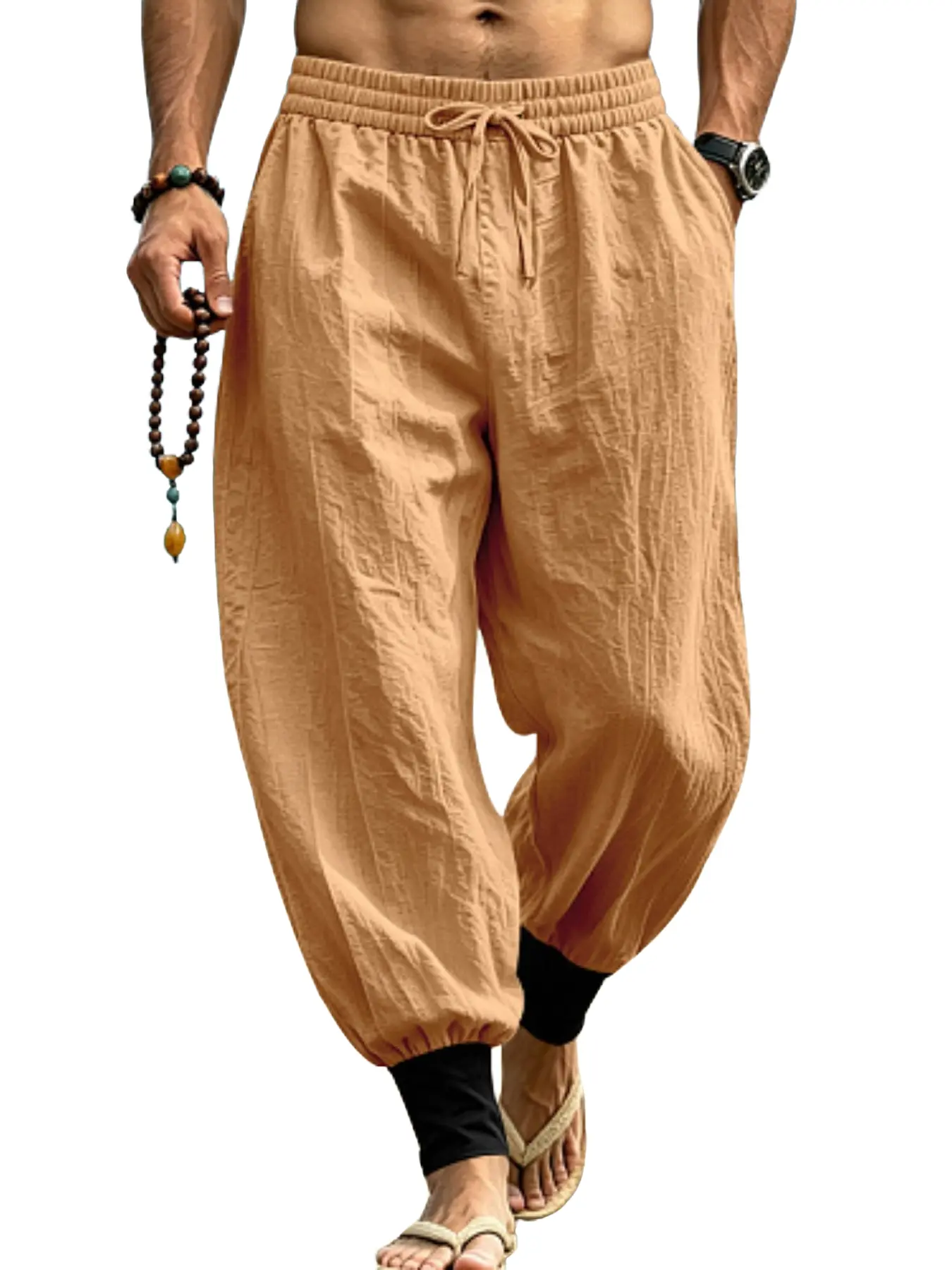 Men's Minimalist Loose Fit Hemp Pants, Colorblock Drawstring Casual Jogger, Four-Season Daily Wear, Comfortable Outdoor Leisure Pants