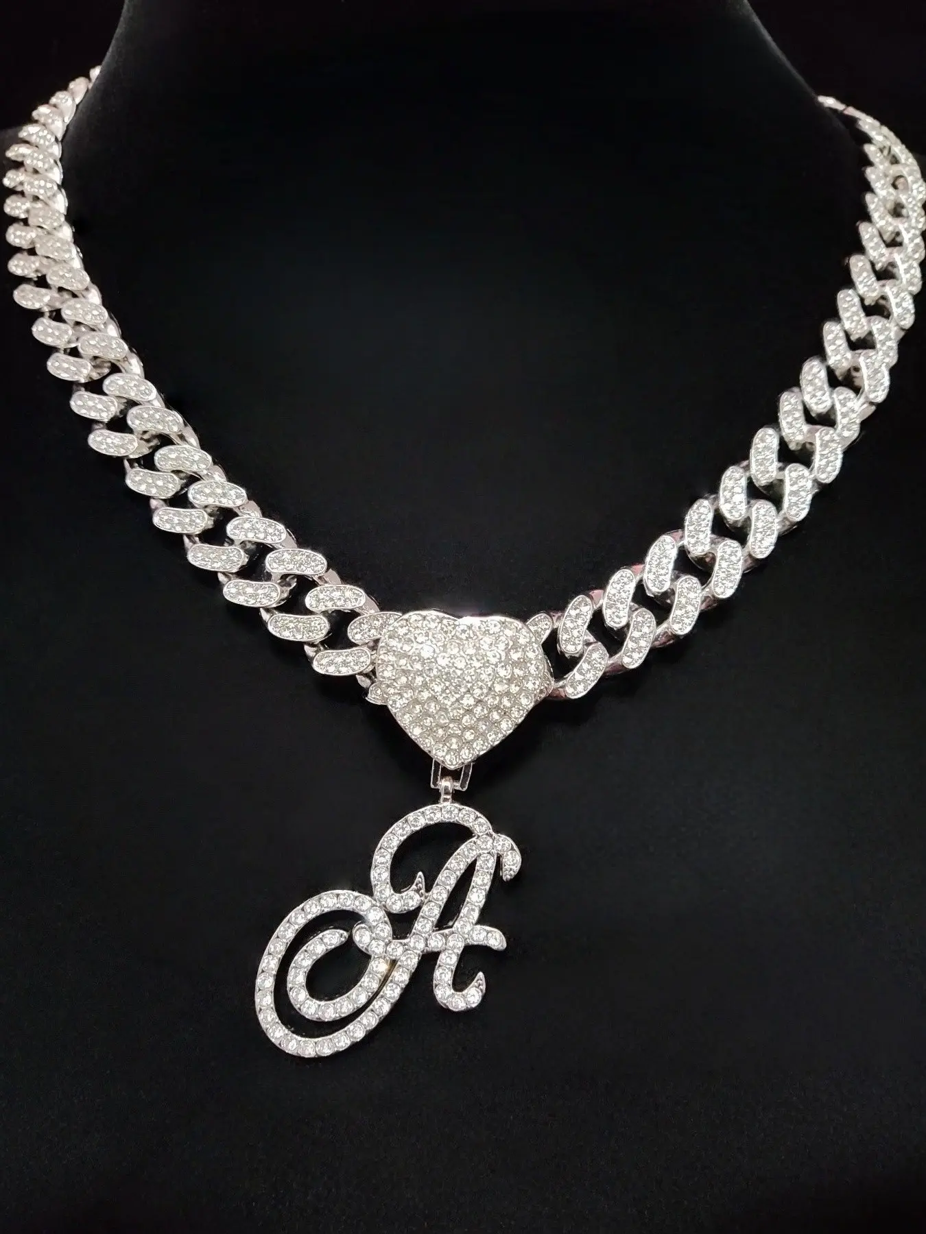 Fashion A-Z Letter Pendant Necklace & 13mm Glass Rhinestone Cuban Chain, Women Hip Hop Letter Pendant Necklace, Vintage Jewelry, Valentine's Day gift