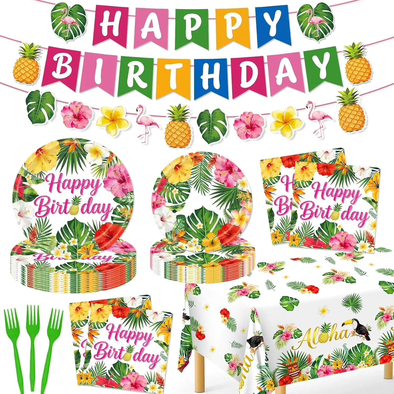 REDWORD Hawaiian Birthday Party Decorations, 99Pcs Hawaiian Plates and Napkins-Serve 24 With Birthday Banner Tablecloth Disposable Luau Plates for Luau Birthdays Tropical Summer BBQ Party Decorations