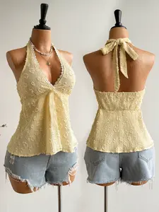 Women's Summer Fashion Womenswear Lace Spliced Bow-Tie Halter Backless Tie Back Top, Comfortable, Casual and Versatile Fitted Tank Top for Daily Wear and Dates Piece