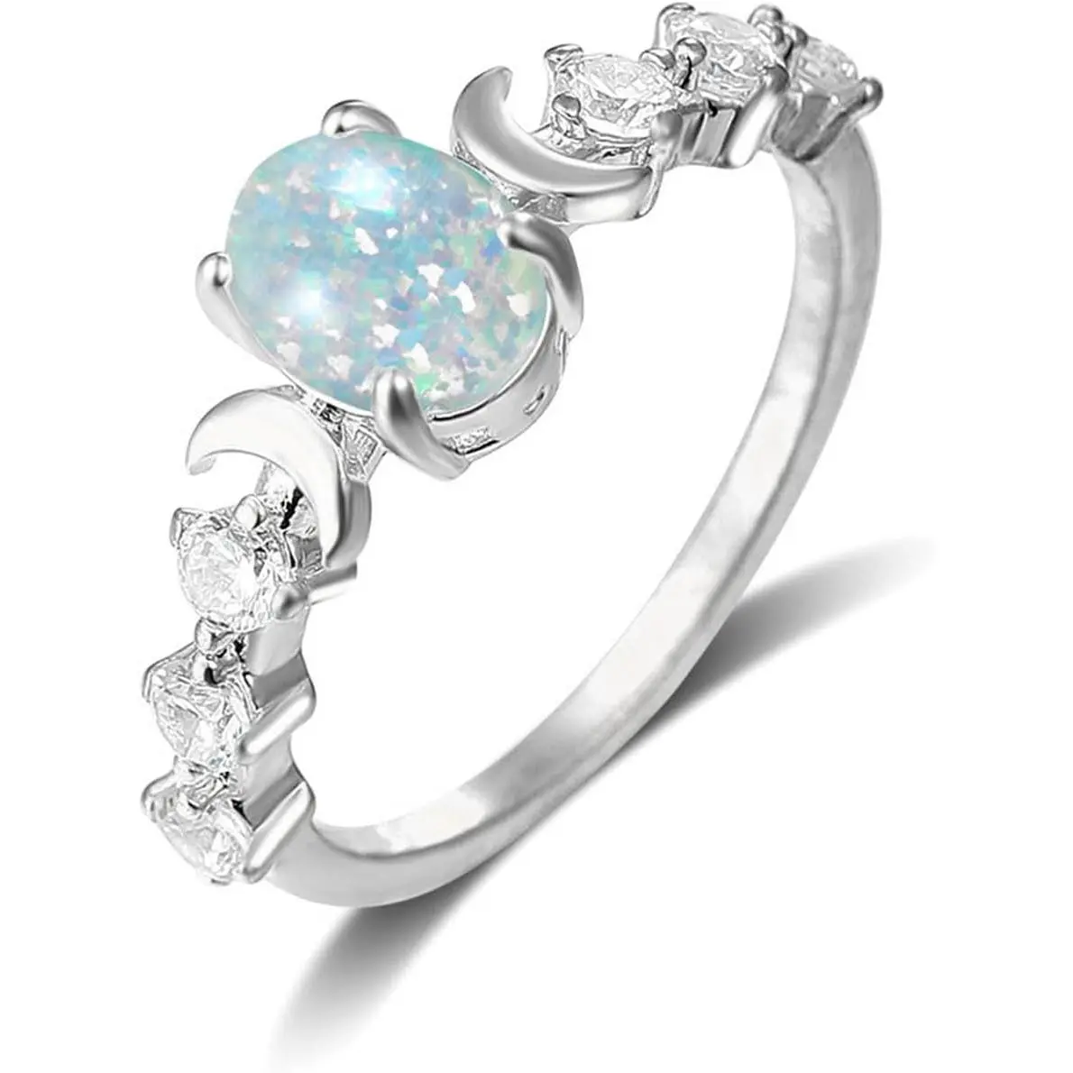 Celestial Moon Phase Fire Opal Ring, Silver Plated Crescent Moon Cubic Zirconia Stackable Ring, Witchy Lunar Aesthetic Statement Finger Ring, Dainty Galaxy Moon Bohemian Jewelry, Witchcore Daily Wear Gift Ring for Women & Girls