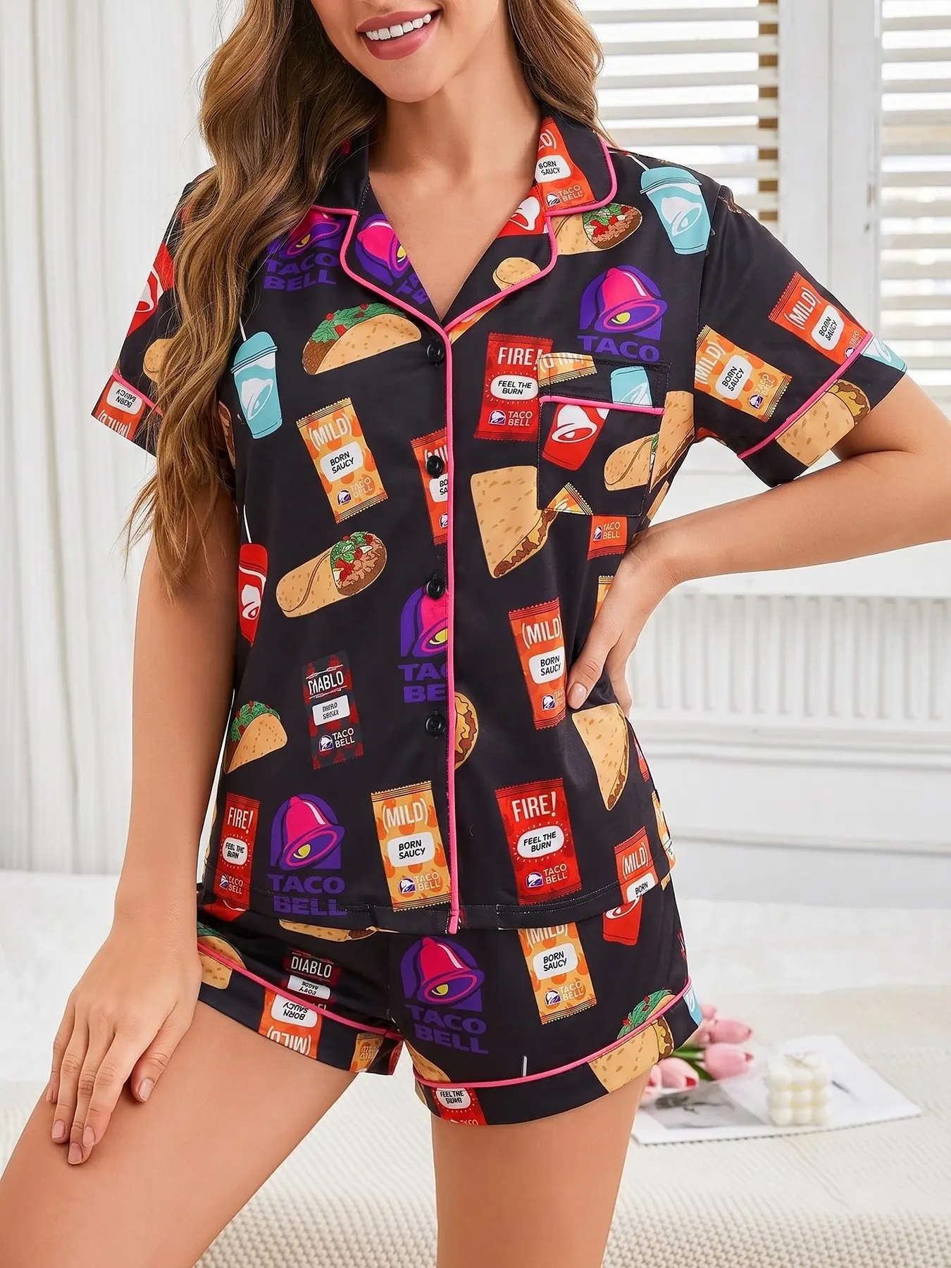 Women's 2-Piece Pajama Set, Fun Taco Bell Themed Taco & Drink Prints on Black Base, Pink Contrast Piping, Lapel Short Sleeve Top with Pocket, Soft Elastic Waist Shorts, Lightweight Casual Loungewear, Fit for Daily Wear All Year Round, Loungewear Pjs Set