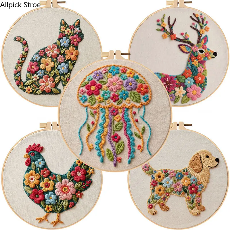 Flower & Animal Embroidery Kit for Beginners – Handmade DIY Practice Stitch Craft Set with Pre-Printed Fabric, Floss & Hoop, Diy Crafting Tools, Cross Stitch, Stitching tiktokshopbacktoschool