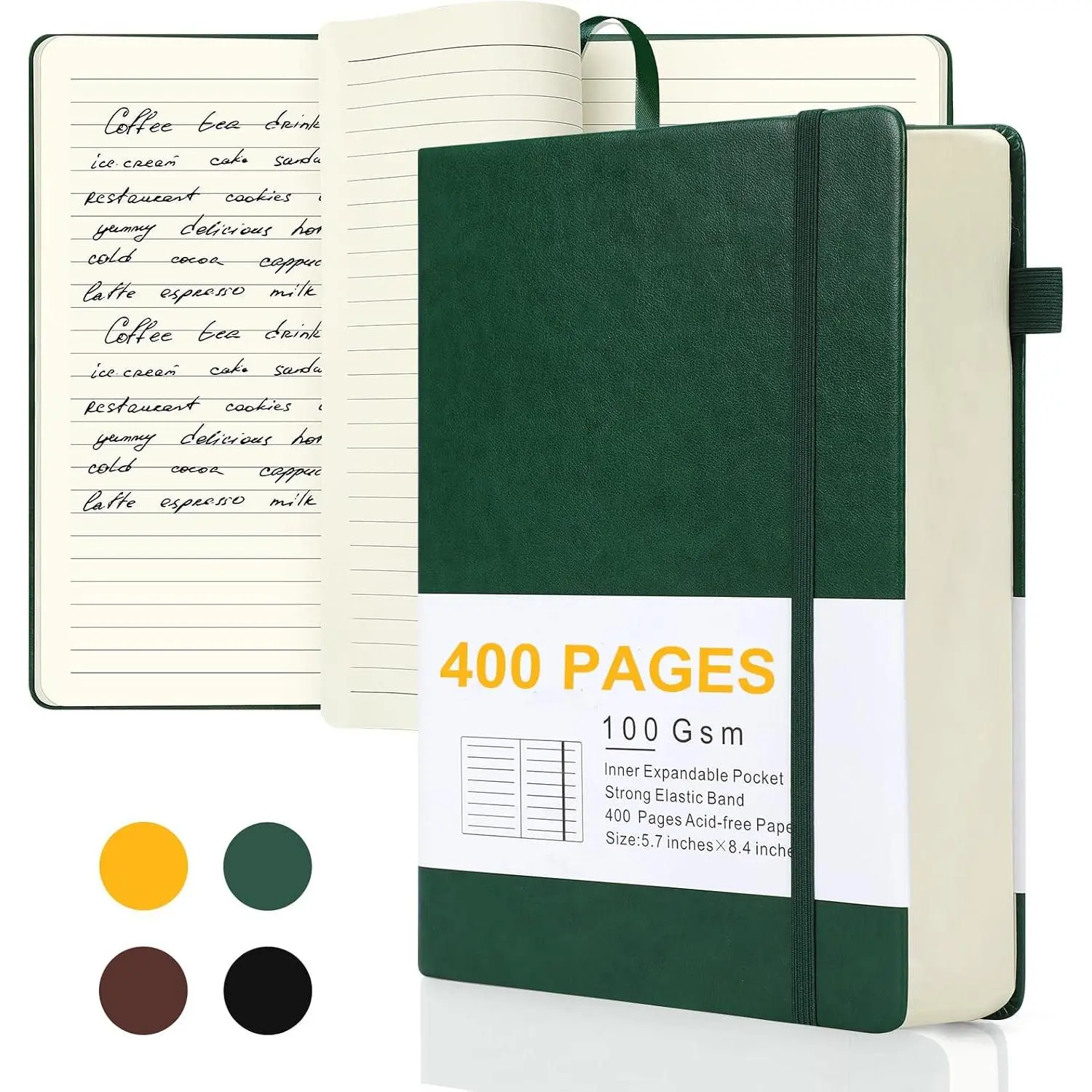 Journals for Writing, A5 Leather Ruled Notebook with 400 Pages, 100 Gms College Ruled Journal with Thick Paper, Hardcover with Inner Pocket & Pen Holder, Dark Green
