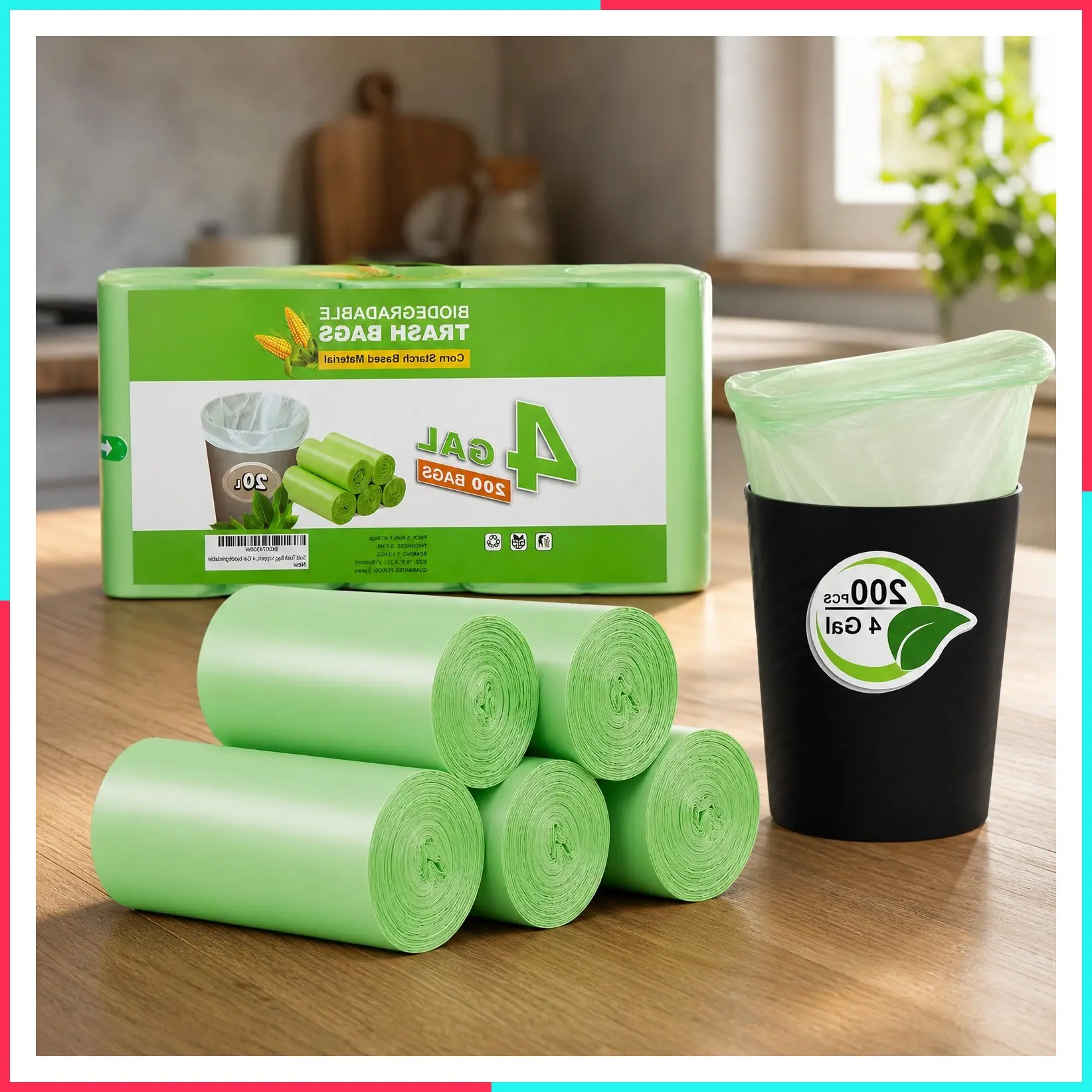 200 Count Biodegradable Small Trash Bags 4-6 Gallon, Extra Strong Unscented Garbage Bags, Green, Size Expanded, for Bathroom Bedroom Office Kitchen Trash Can
