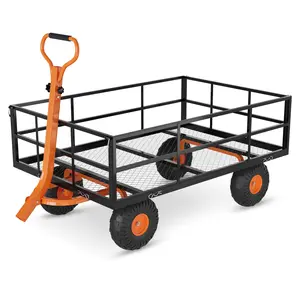 Garvee 1200 LB Garden Cart on Wheels, Heavy Duty Steel Garden Wagon with Removable Mesh Sides & Adjustable Handles, Yard Cart Utility Wagon for Gardening, Lawn & Patio, Black & Orange