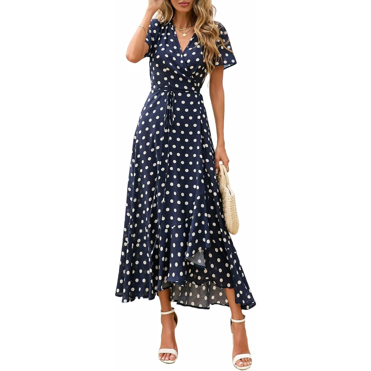 Women's Light Spandex Polyester Casual Boho Floral Wrap V-Neck Short-Sleeve Full-Length Flowy Maternity A-Line Maxi Dress - Elastic Belted, Asymmetrical Split Detail, Beach Wedding Guest Wear