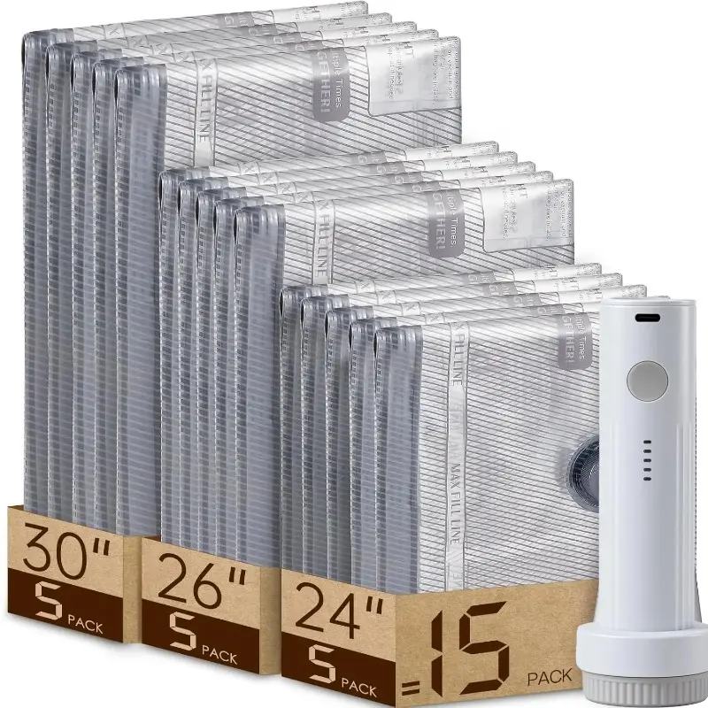 Vacuum Seal Compression Bags, 15-Pack Set with Cordless USB Pump, Waterproof Polyester Space Savers for Travel and Clothes Storage
