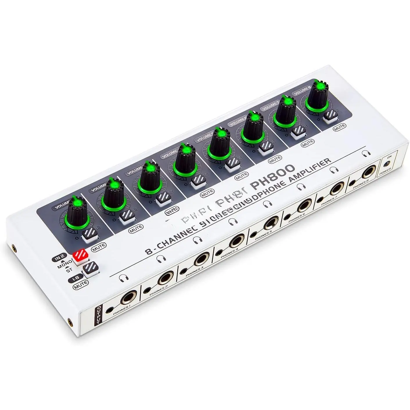 PH800 8- Headphone Amplifier with High Output Power, 16-Output Headphone Splitter (8X 3.5mm & 8X 6.35mm), Mono/Stereo , LED, Drives up to 250? Headphones for Studio, Band, Stage