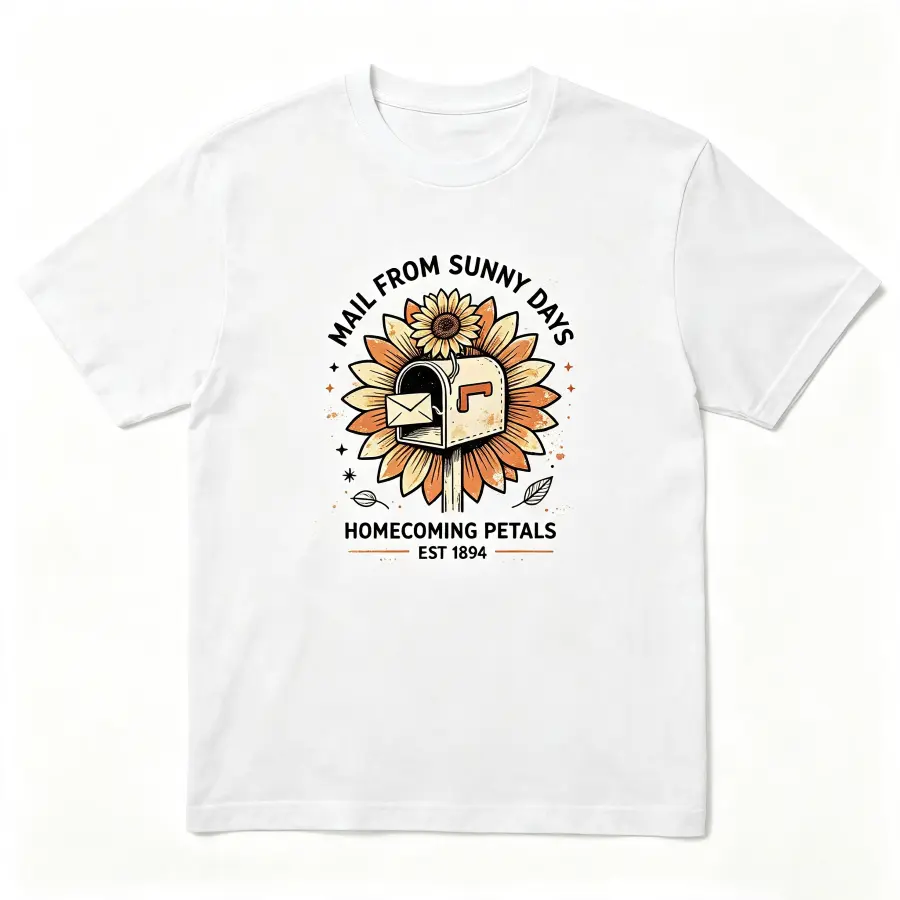 Sunflower Homecoming Tee – "Mail From Sunny Days Homecoming Petals Est 1894" Vintage Mailbox with Sunflower, Warm Cottagecore Cotton Shirt, SummerVibes Perfect Gift For Alumni, Best Reunion Outfit, Pastel Print Top