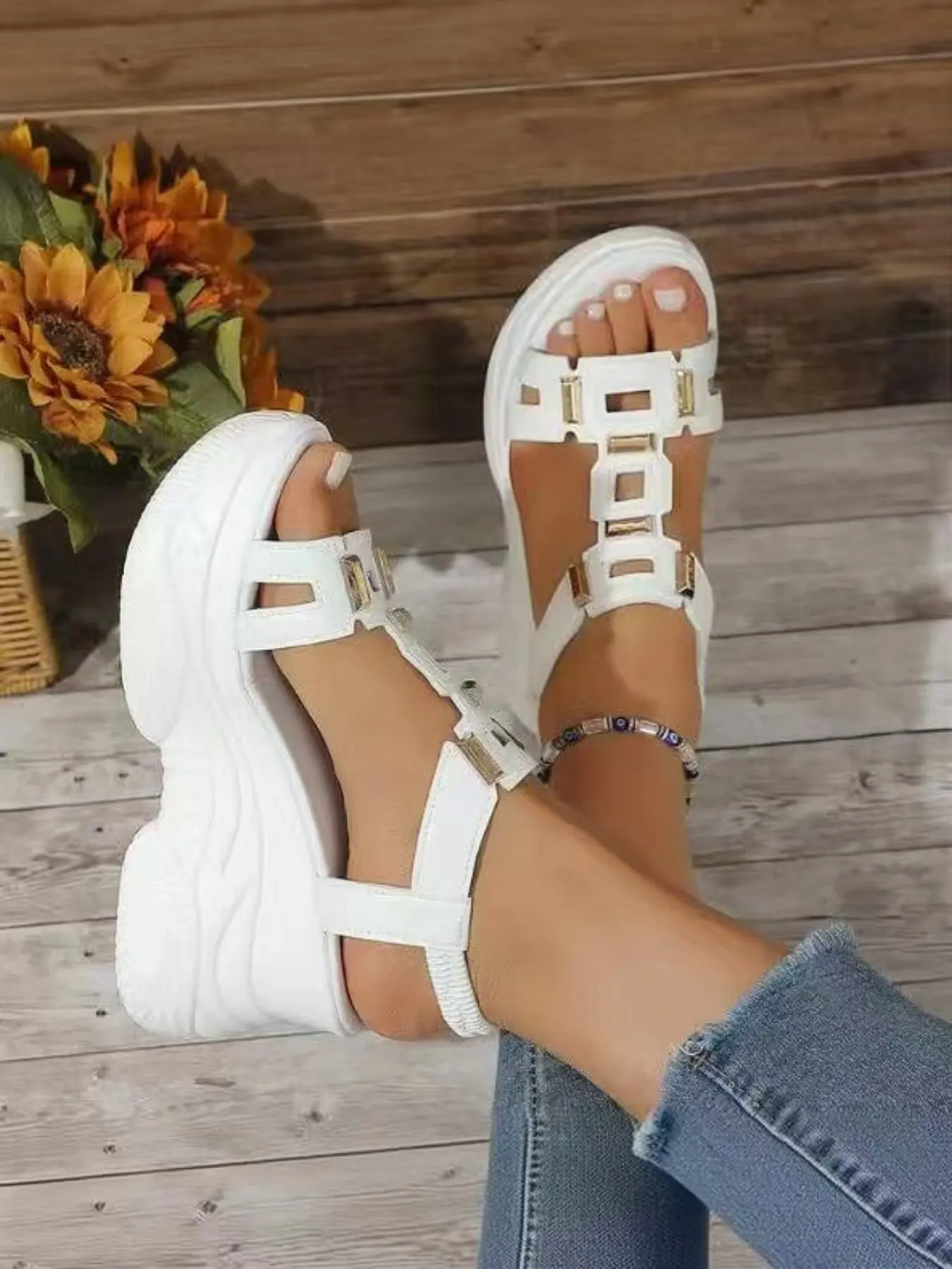 New Metal Buckle Thick Sole Wedge Sandals for Women, Summer Open-Toe Back Strap Heeled Casual Sports Beach Slippers
