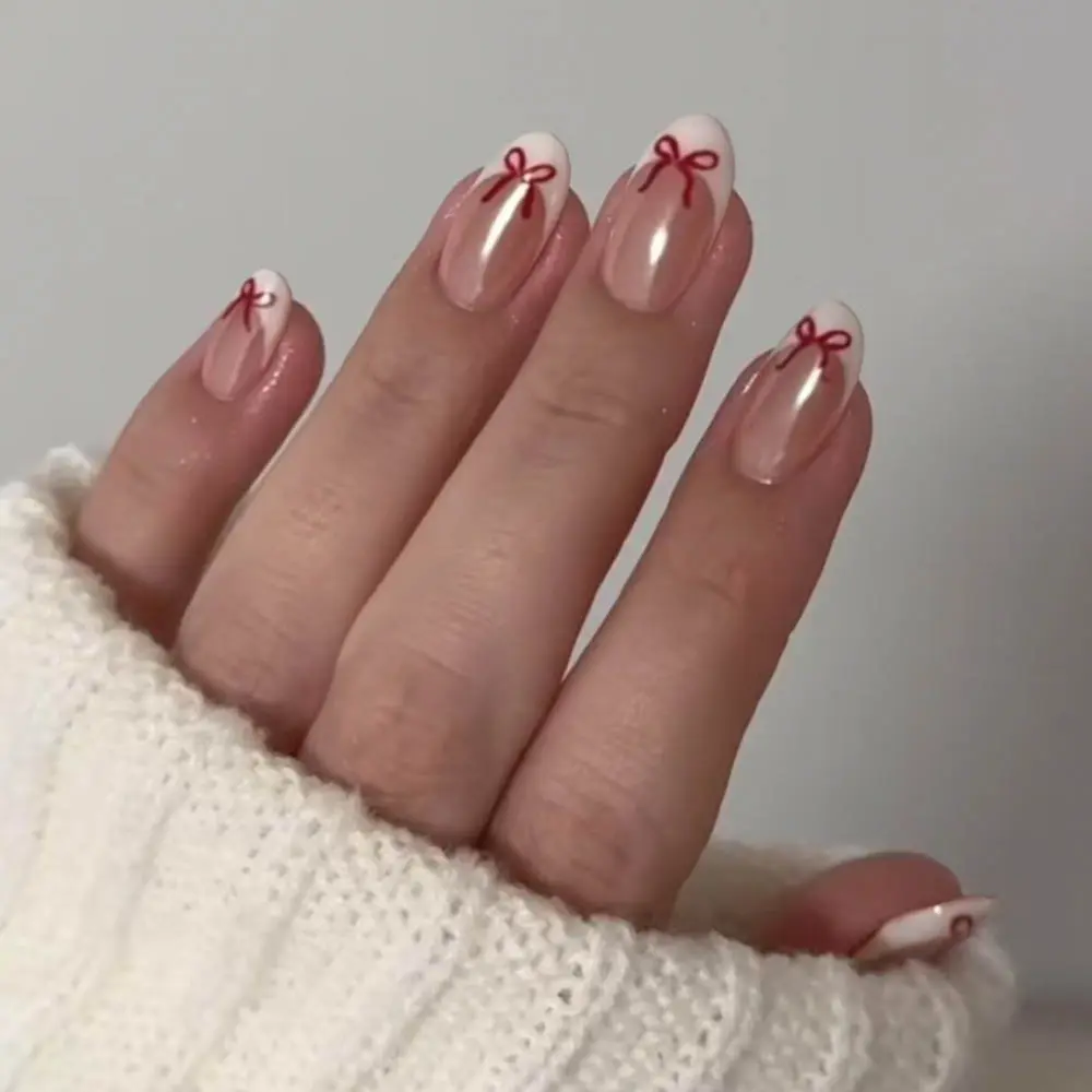24pcs French Bow Short Oval Press-On Nails, French Nail Art, French Tips, Bow Design, Medium Size, Acrylic Material, Gel Glue & Nail File Included